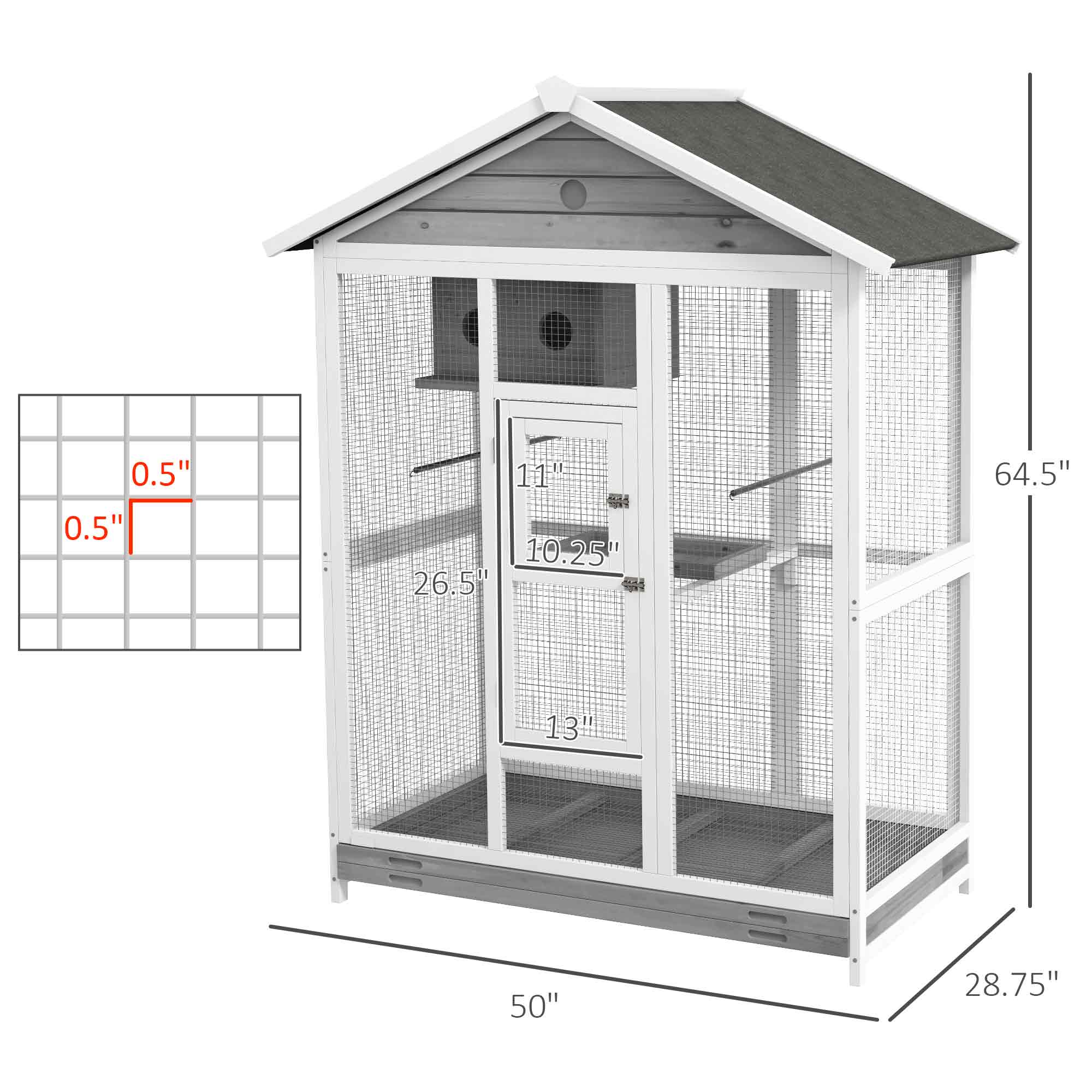 64.5" Wooden Bird Cage Aviary, Flight Cage with 4 Perches, Nest and Slide-Out Tray for Indoor/Outdoor, Gray — image 7