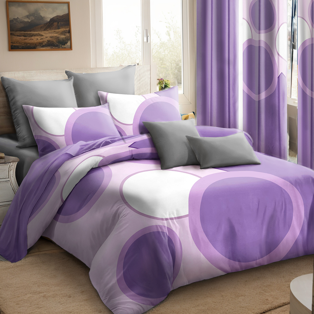 9 Piece Room In A Bag Quilt And Curtain Set, US Designer Lavender Purple Geometric Circle Print Heavyweight Bedspread With 6 Customizable Window Panels, Pet-Friendly High GSM Coverlet — image 7