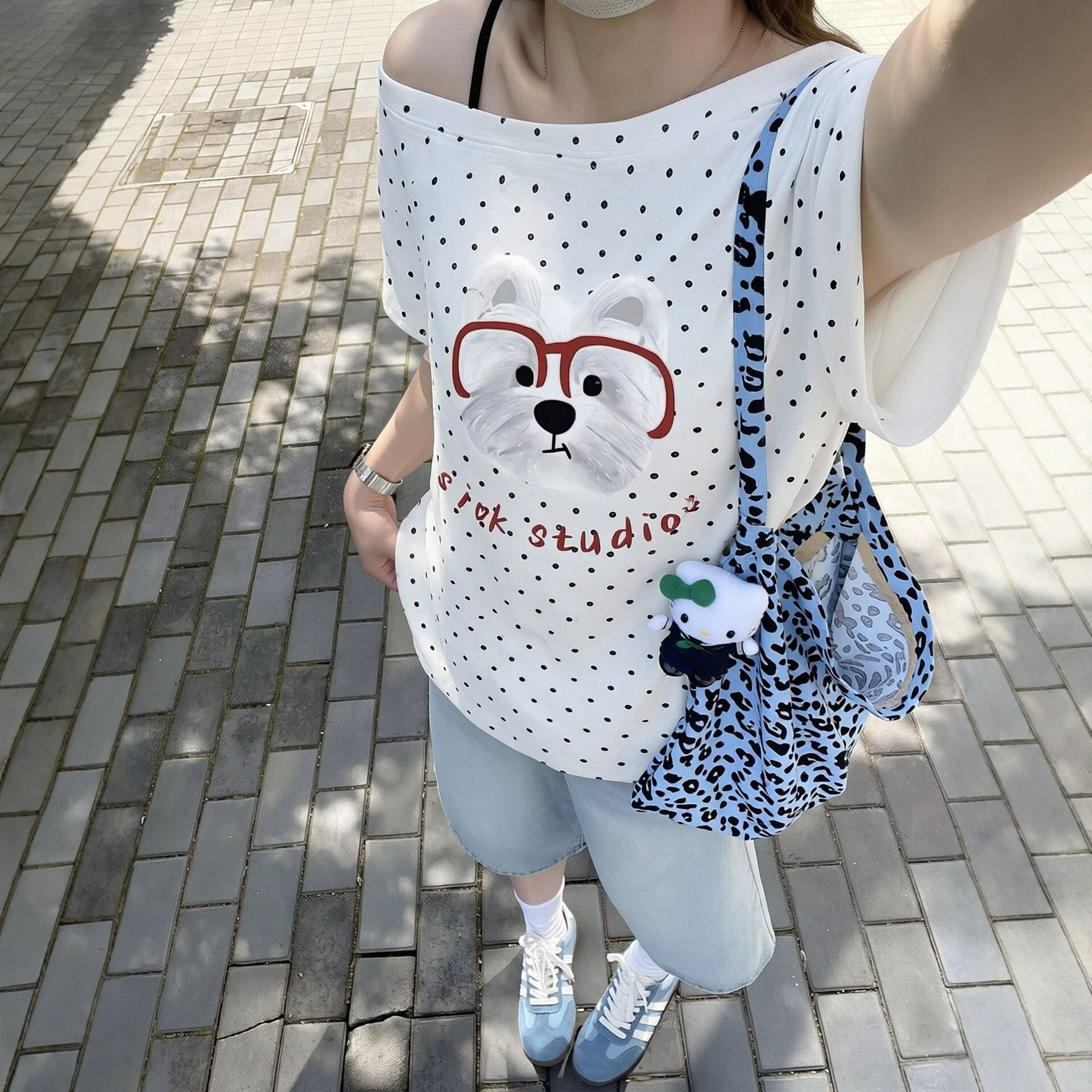 Dog Print Polka Dot Asymmetrical Shoulder Short Sleeve T-Shirt — image 6
