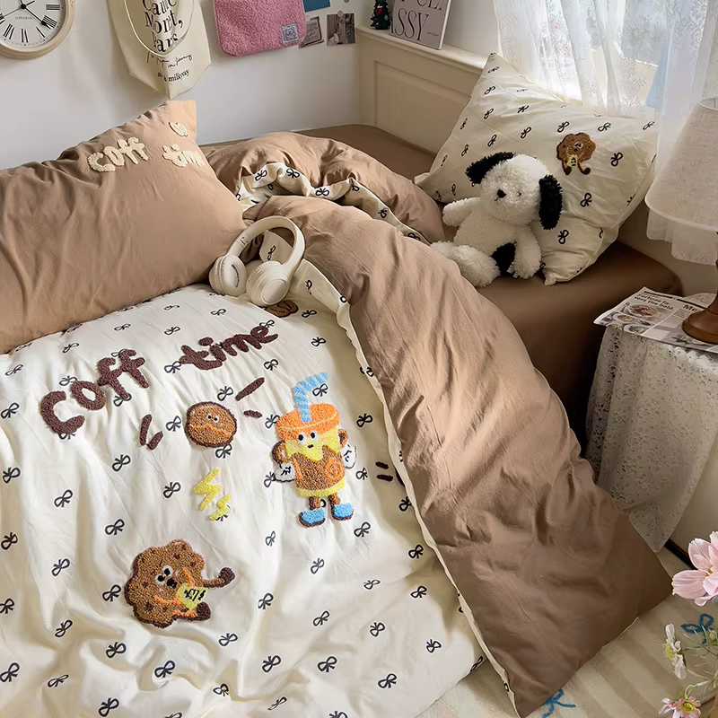 Cartoon Animal Embroidery Bedding Set For Adults Kids Cute Flat Fitted Sheet With Pillowcases Washed Cotton Colorful Full Size — image 3