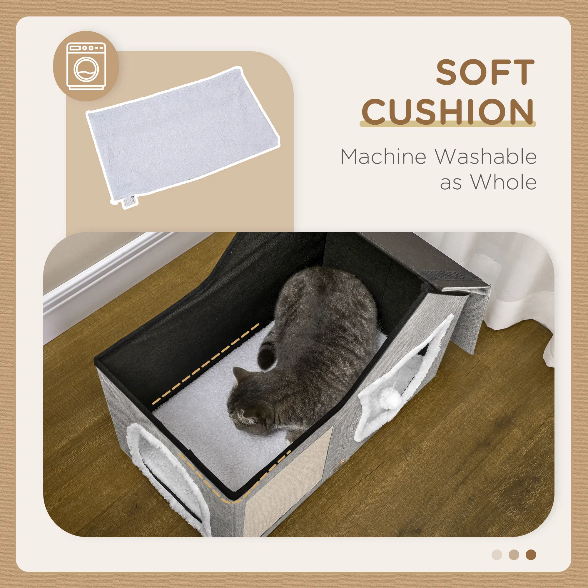 Large Cat Bed for Indoor, Cat House Hideaway with Soft Cushion, Scratching Pad, Dangling Ball, Dual Entrances, Grey — image 2