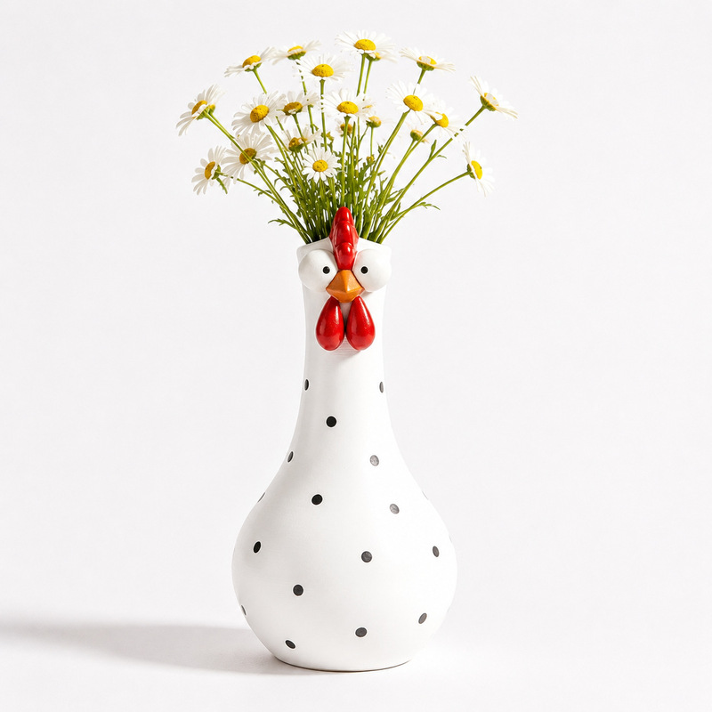 Hand-Painted Rooster Vase Sculpture | Long Neck Cartoon Rooster Decor with Colorful Polka Dots | Waterproof Resin Home Accent — image 3