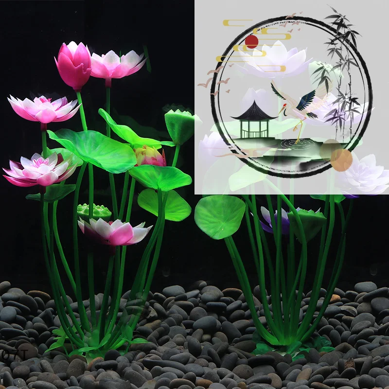 Aquarium Artificial Lotus Plants Decoration Fish Tank Landscaping Water Grass Ornaments Aquatic Simulated Flower Plant Supplies — image 1