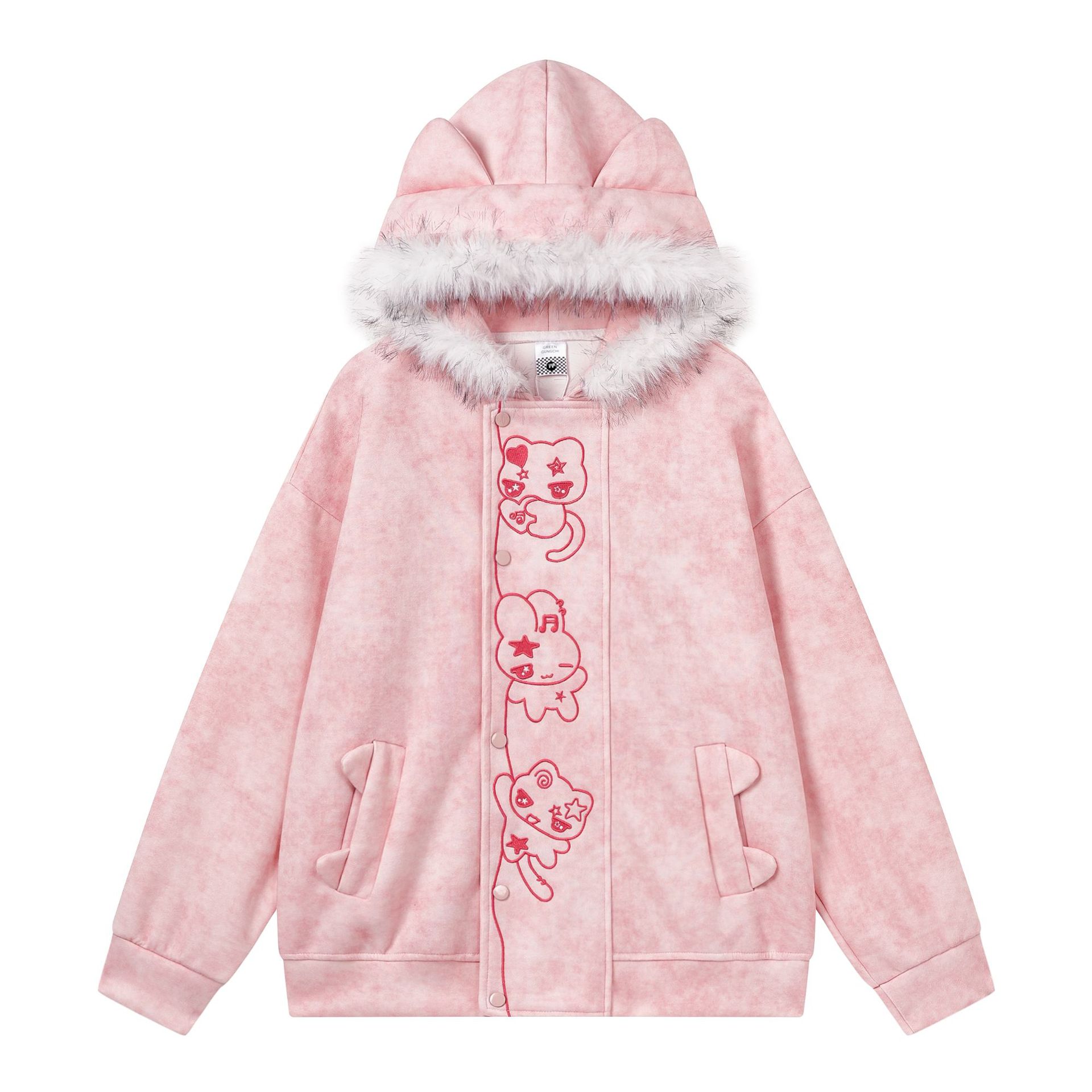 Women's Tie-Dye Hooded Cardigan with Cartoon Kitten Embroidery — image 3