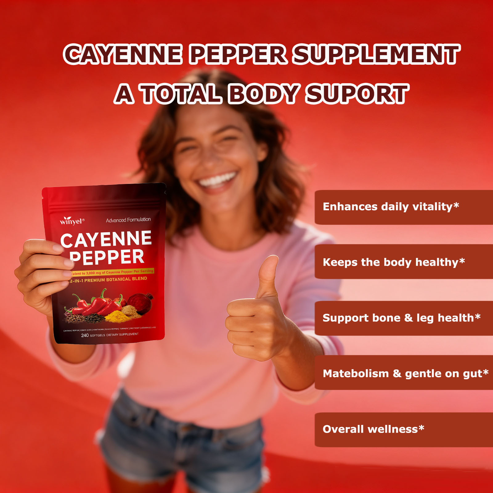 Chili Pepper Softgel Supplement To Support Leg Vein, Heart, And Vascular Health. Contains Vitamins C, D3, And K2, As Well As Extracts Of Grape Seed, Hawthorn, Cinnamon, And Beetroot 240 Softgels — image 3