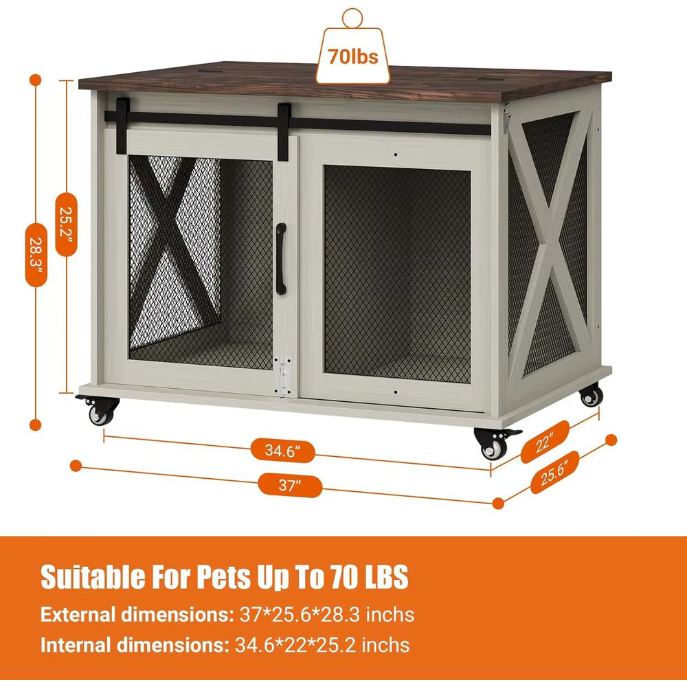 37 Sliding Barn Door Dog Crate Furniture, Wooden Top Kennel End Table, Medium Dog House, Two-Tone Brown & White — image 2