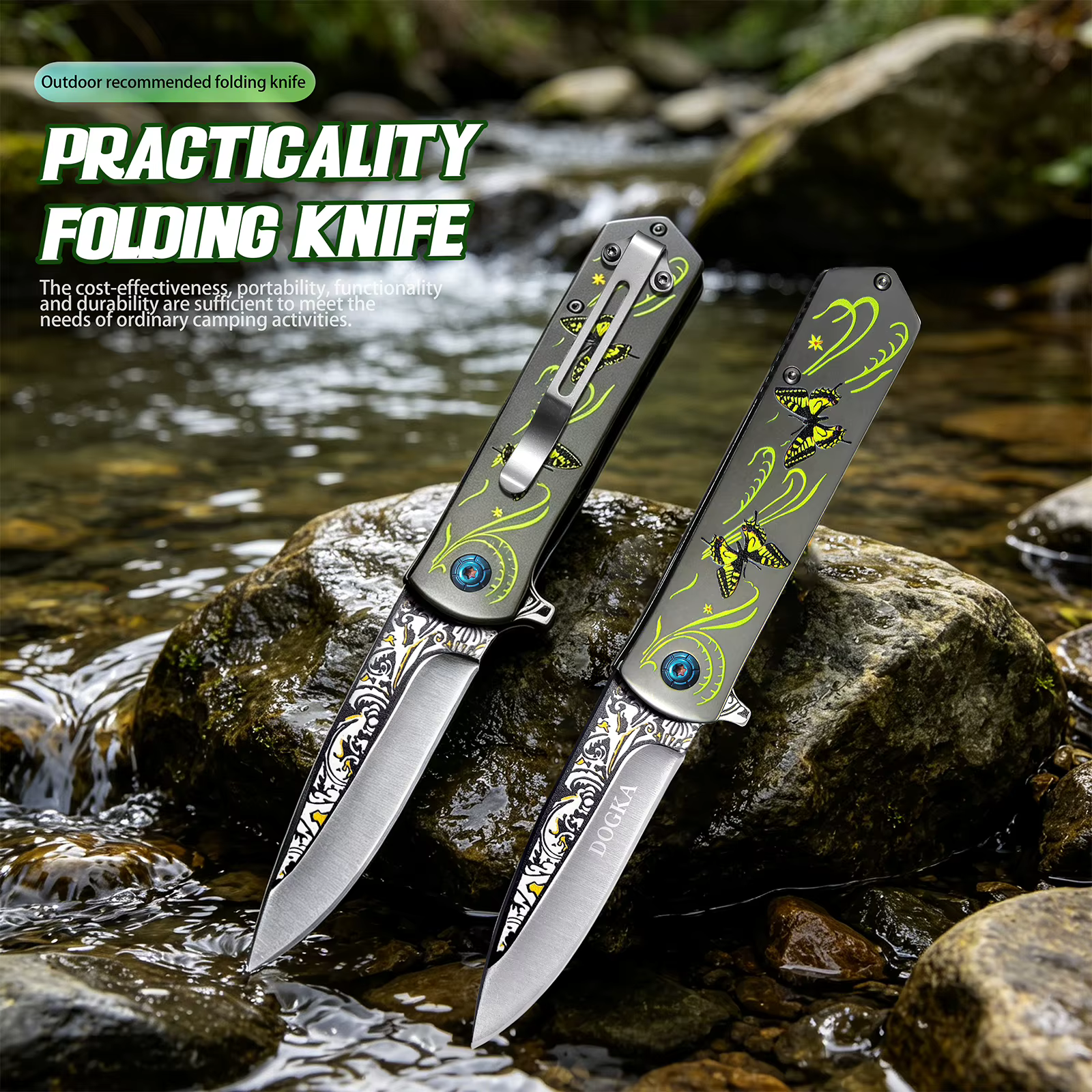 This DOGKA Folding Pocket Knife Features a Unique Butterfly Pattern Handle, Decorative Blade Detail, and Compact Folding Design. It Combines a Stylish Look with Practical Outdoor Utility, Making It Suitable for Camping, Hiking, Fishing, Travel — image 4