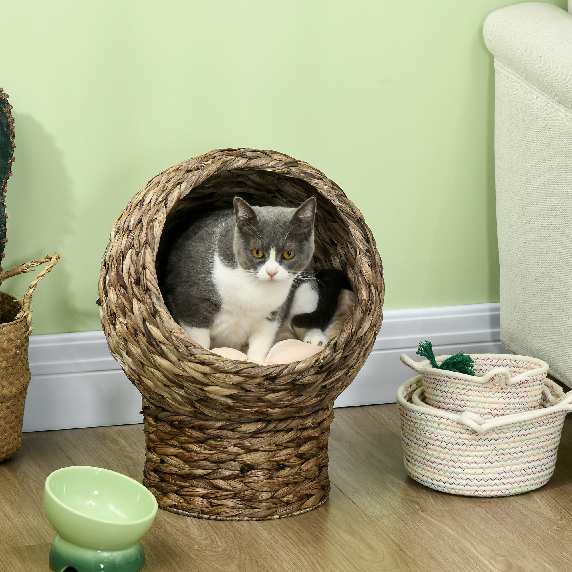 Cama para Gatos Tejida a Mano con Almohadilla Suave y Forma de Huevo, Casa de Jaula para Gatos con Soporte, Hogar Elevado de Wicker para Interior, 20" de Alto, Gris — imagen 1