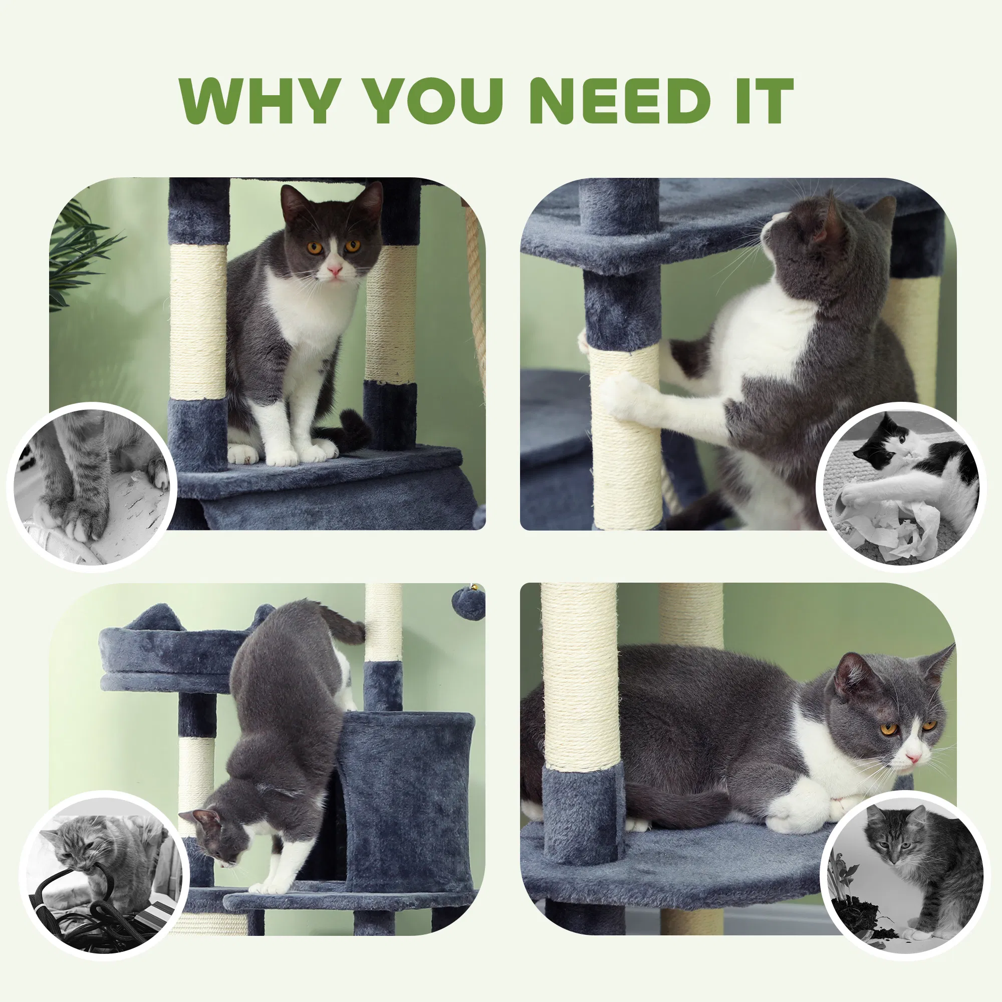 81" Large Cat Tree w/ Scratching Posts, Condos, Beds, Hammocks, Jumping Platforms, Toy Balls, Rope Cat Toy, Dark Grey — image 5