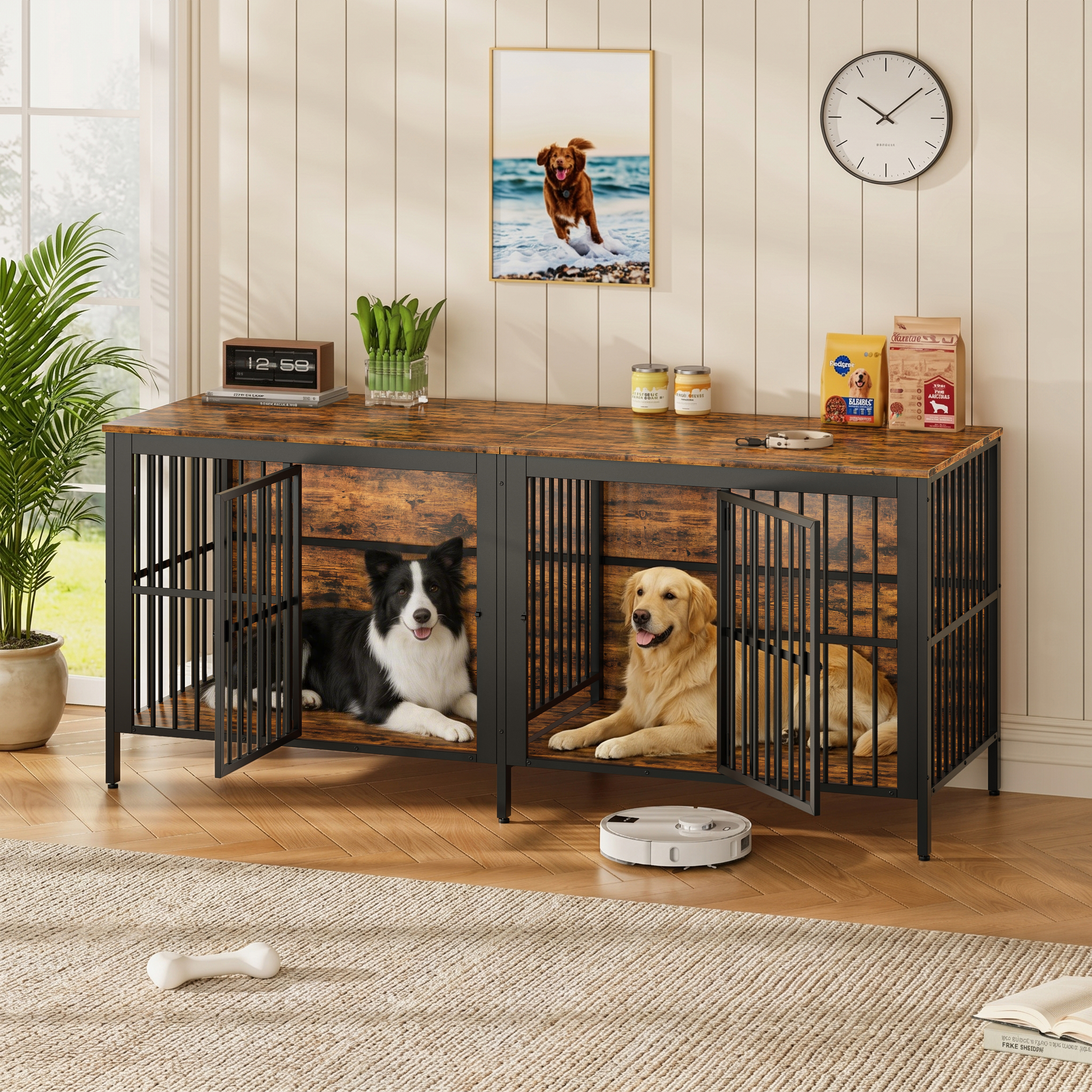 80 Dog Crate End Table, Heavy Duty 2-Door Indoor Pet Kennel, Multipurpose Dog House Furniture As TV Stand Or Side Table For Living Room, Large & Medium Dogs. Rustic Brown — image 1
