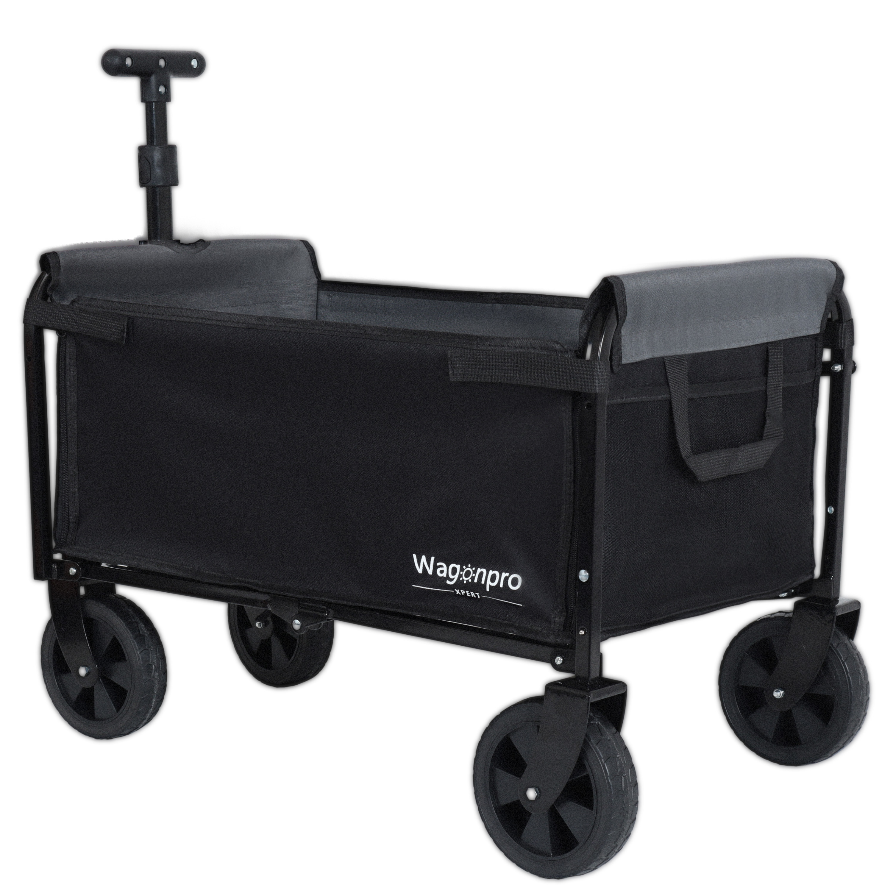 All- In- One Convertible Folding Camping Wagon Cart Bench Seat Storage Compartment & Included Dog Tether Black Gray — imagen 5