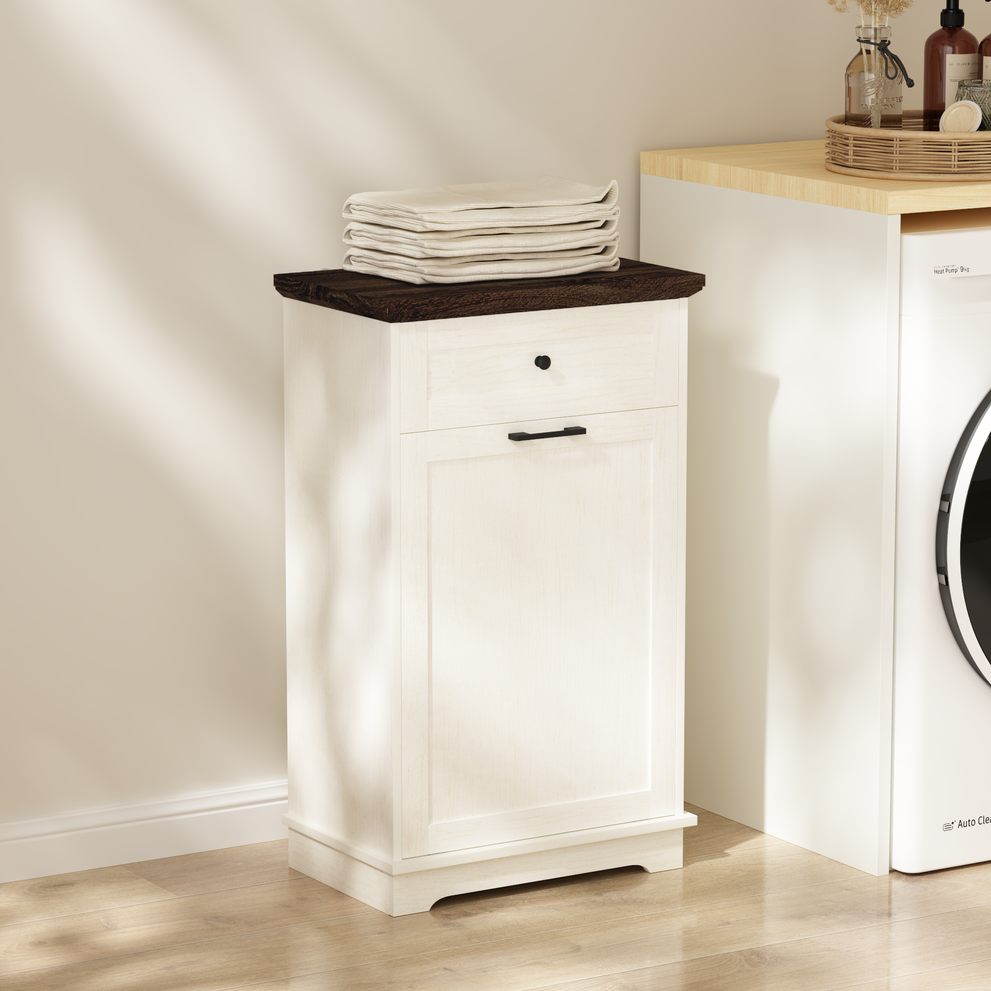 Mueble Basculante para Basurero de 10 Galones, Mueble Independiente para Bote de Basura, Mueble de Madera para Basura y Reciclaje con Cajón, a Prueba de Mascotas, para Cocina y Sala de Estar, Blanco Antiguo (No Incluye el Bote de Basura) — imagen 11