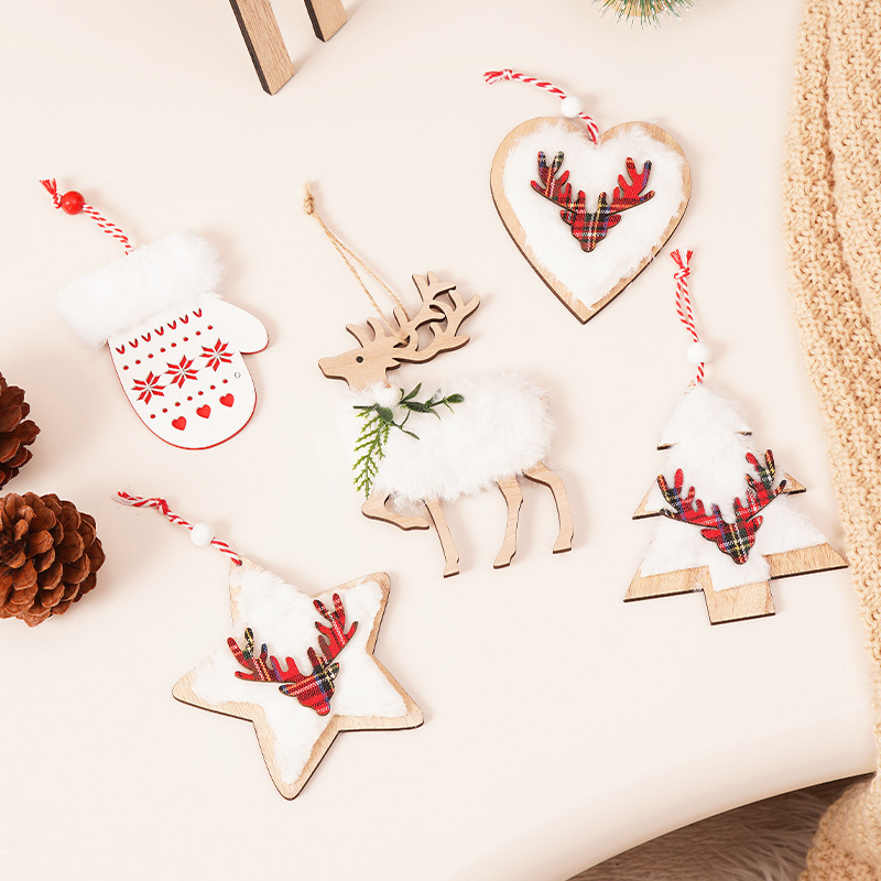 Christmas Wooden Plush Decorations - Heart, Star, Tree, Deer Shape Ornaments for Xmas Tree — image 2