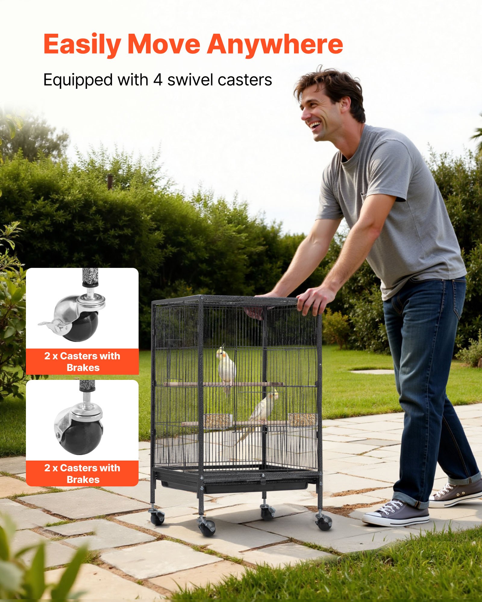 Bird Cage, 18 X 18 X 30 Inch, Open Flat Top, Wrought Iron Bird Flight Cage With Perches, Slide-Out Tray And Plastic Feeders, Casters, For Parrot, Blue Tit, Cockatiel, Canary, Budgerigar, Conure — image 4