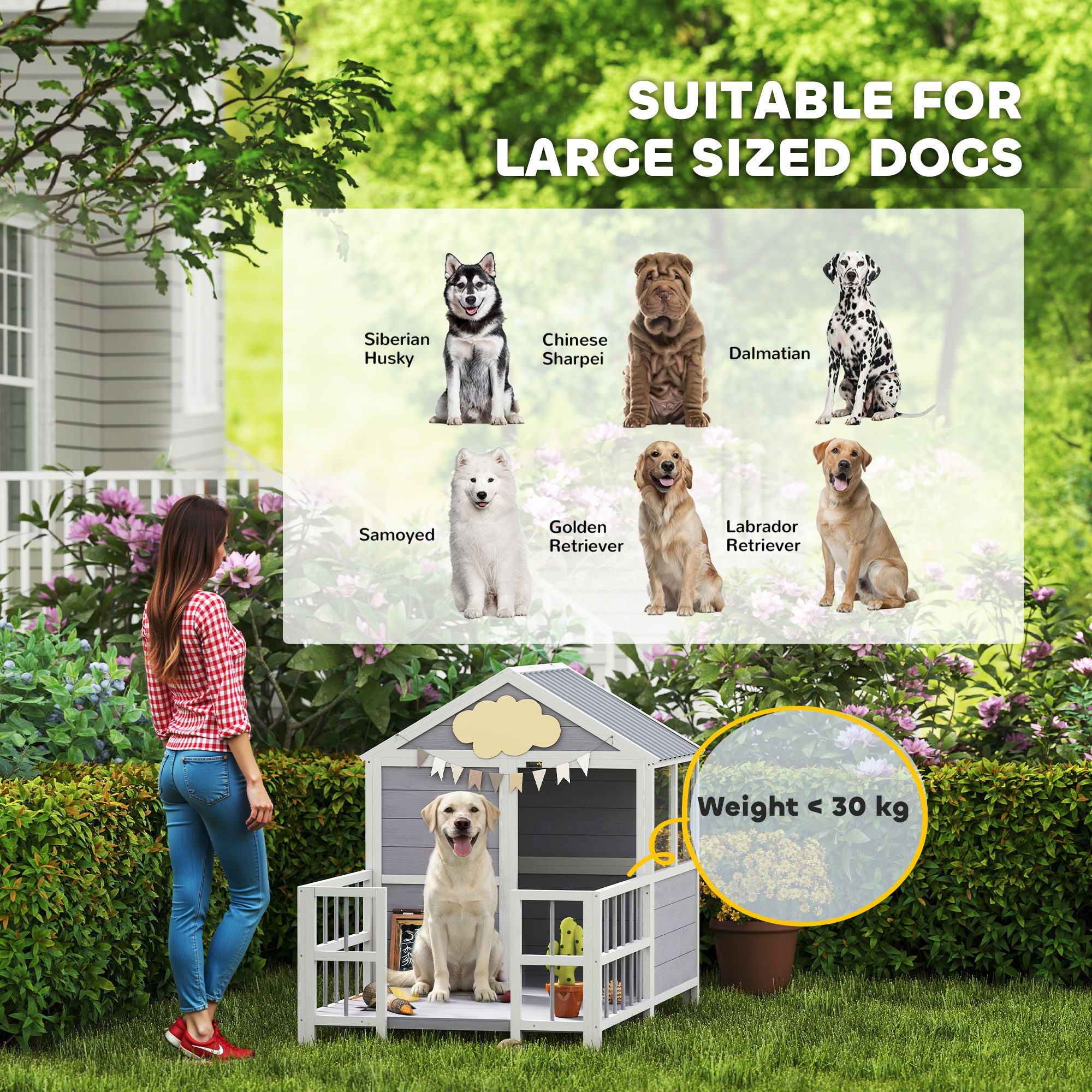 Casa de Perro Exterior, 61"L Casa de Madera para Perros con Porche, Techo Impermeable, Base Elevada y Ventilación — imagen 3