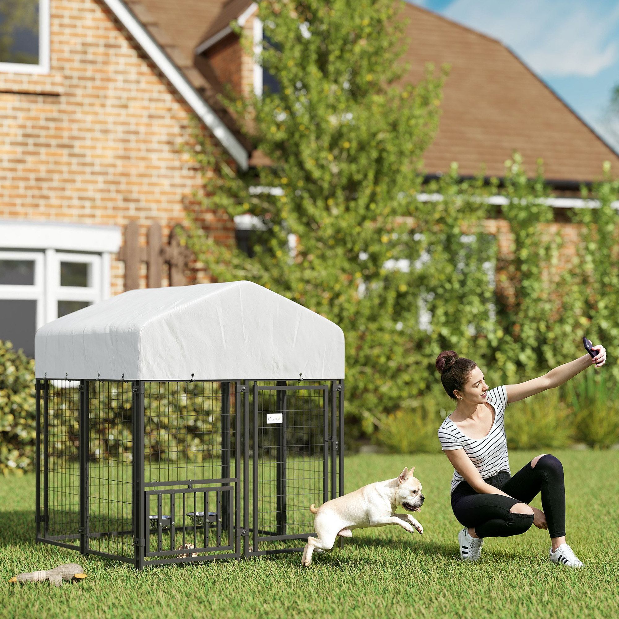 Welded Wire Outdoor Dog Kennel With 360 Rotating & 4 Levels Adjustable Bowls, Waterproof Cover, 3.9 X 3.9 X 4.5 — image 3