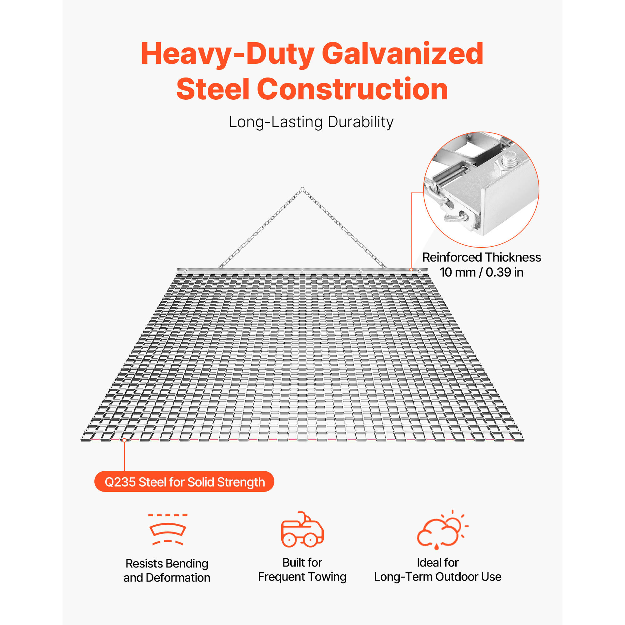 Drag Harrow, 4 X 4 Ft, High-Efficiency Chain Harrow Rake, ATVs UTVs Tractors Attachments, Durable Galvanized Steel Mesh Drag Mat With Towing Chain, For Gravel Driveway Ruts Farm Field Leveling — imagen 3
