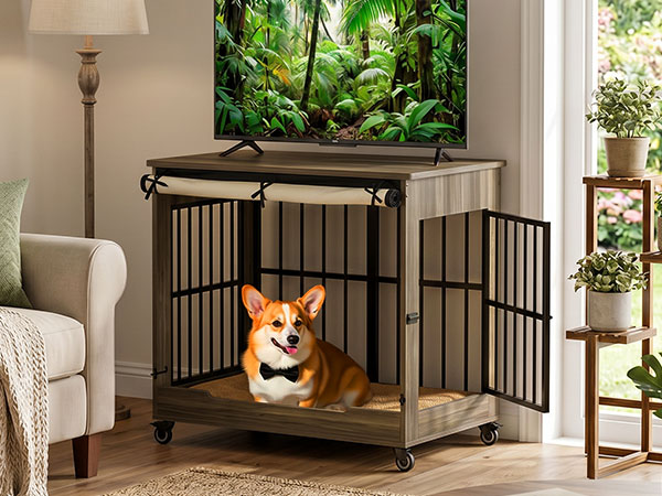 Dog Crate Furniture, Double Door Wooden Indoor Dog Kennel Furniture, Decorative Pet Cage End Table With Wheels For Medium And Small Breed Dogs, Size M, Greige — image 23