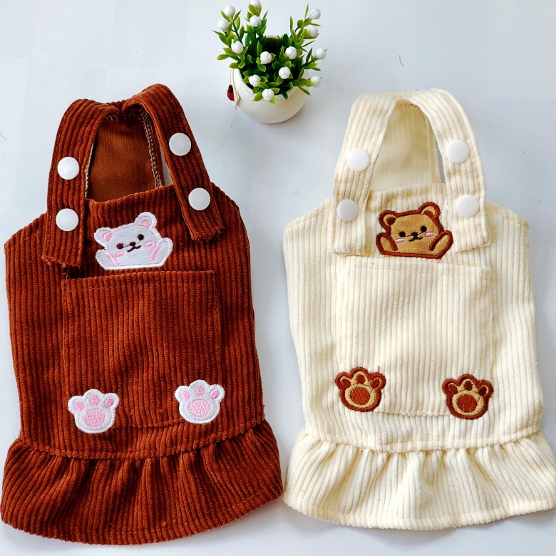 Pet Spring and Autumn Bears Embroidery Corduroy Strap Dress Cat Dog Clothes Teddy Korean Bibear Pomeranian VIP — image 3