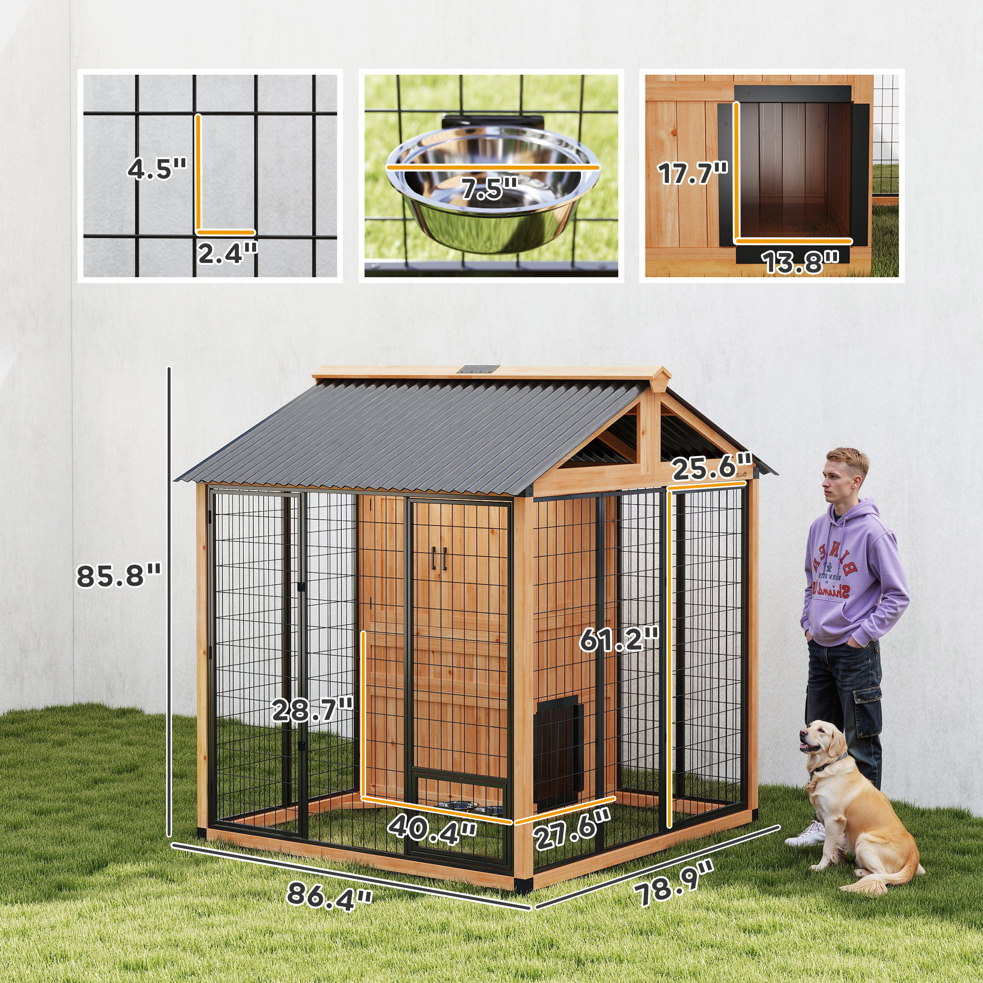 Casa para Perros Extra Grande de 7 x 6, Caseta de Madera para Exterior con Gabinete de Almacenamiento y Tazones de Acero Inoxidable, Amarillo Claro — imagen 8