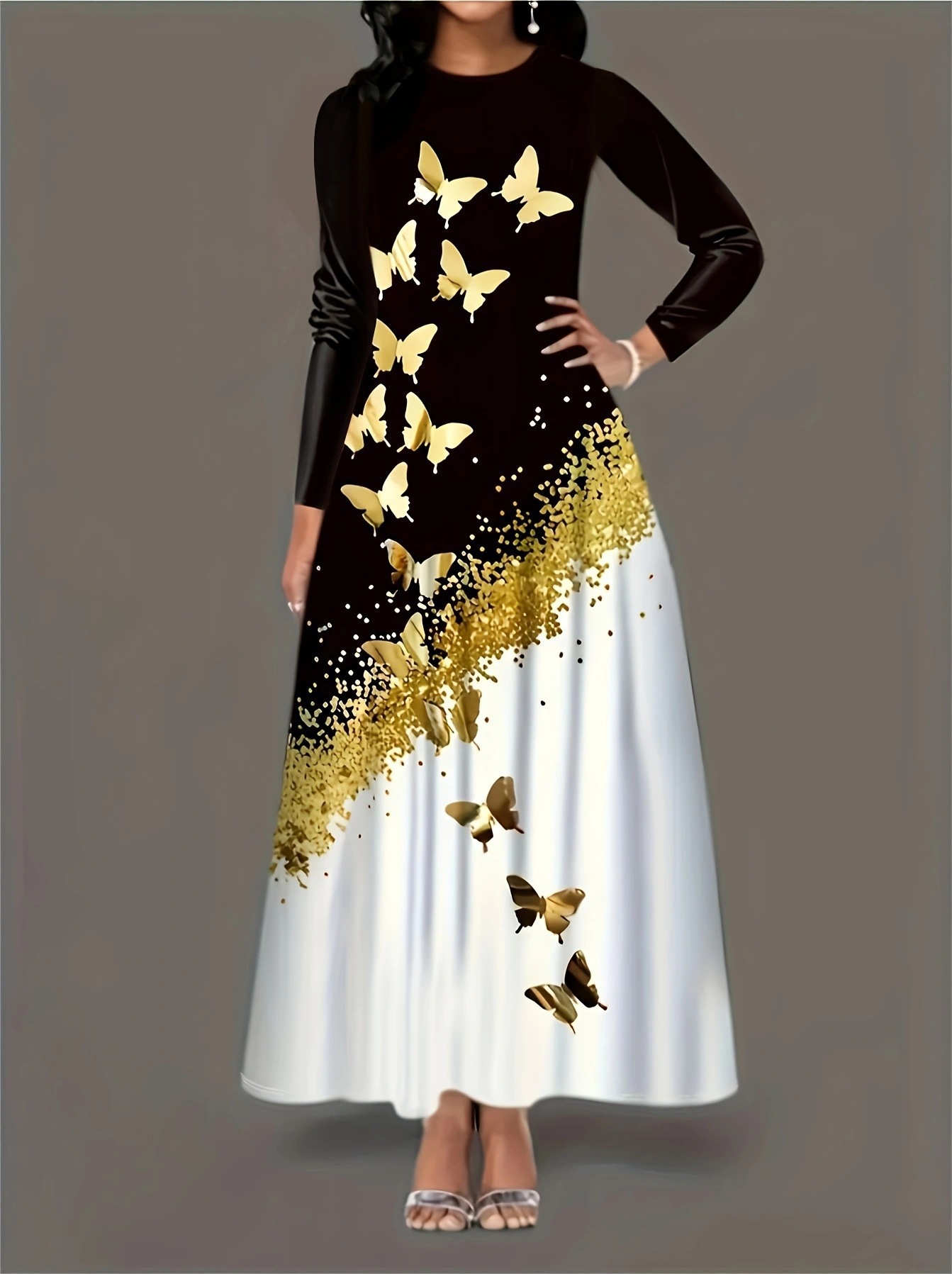 Vestido de Manga Larga con Estampado de Mariposa en Estilo Botón Redondo y Faldones Alineados con Cajas — imagen 7