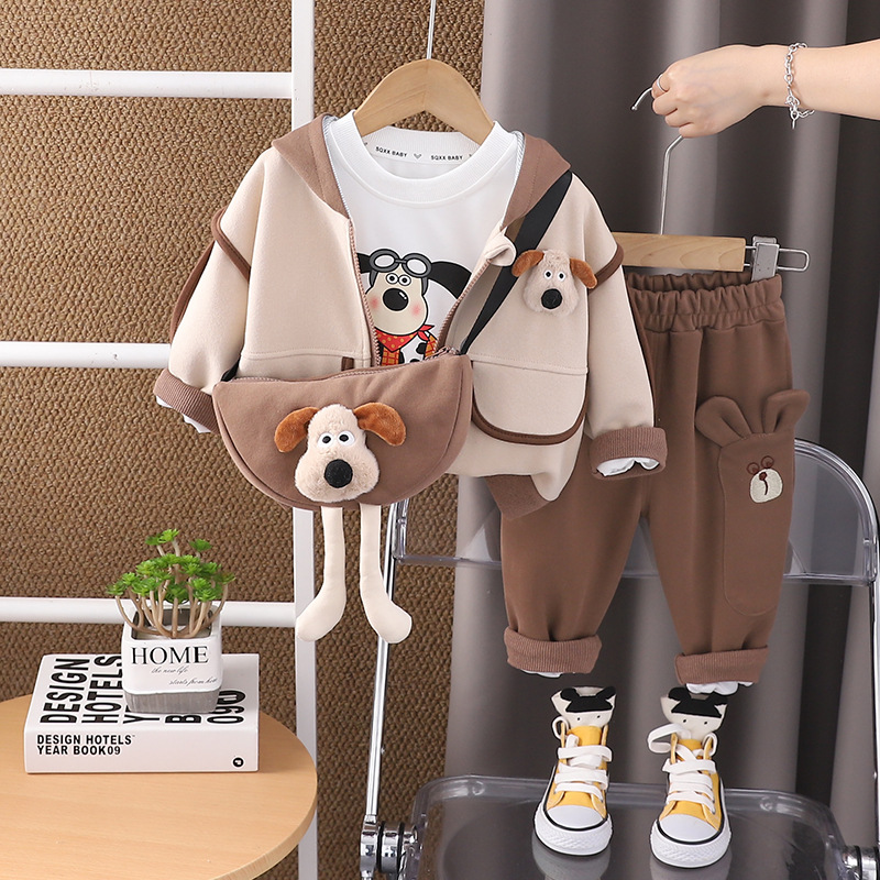 Toddler Kids Puppy Print Hooded Jacket Long Sleeve T-Shirt Pants Bag Set — image 1