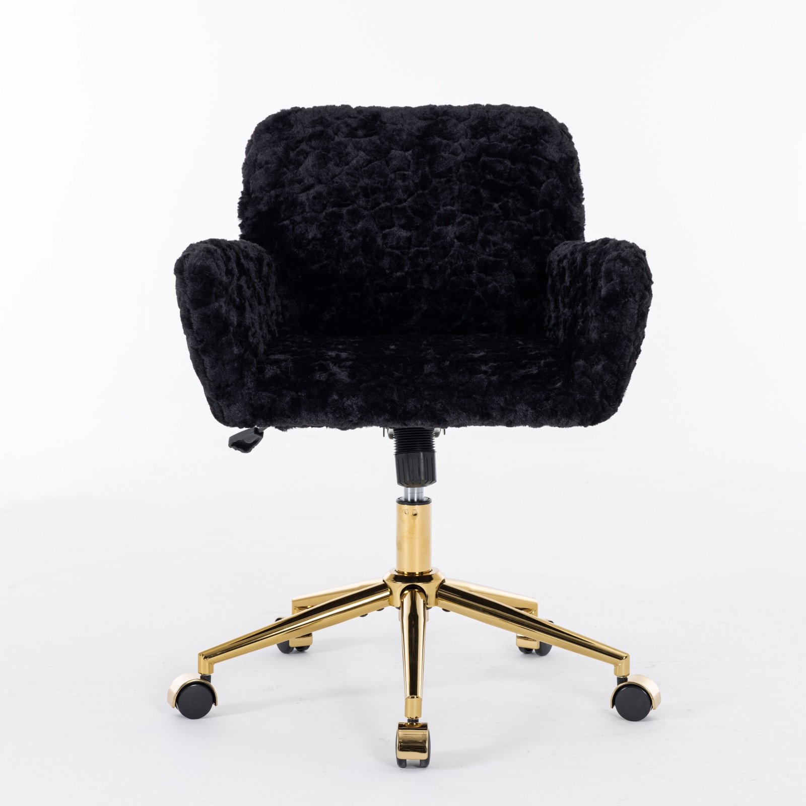 A & A Furniture Office Chair, Artificial Rabbit Hair Home Office Chair With Golden Metal Base, Adjustable Desk Chair Swivel Office Chair, Vanity Chair Black — image 4