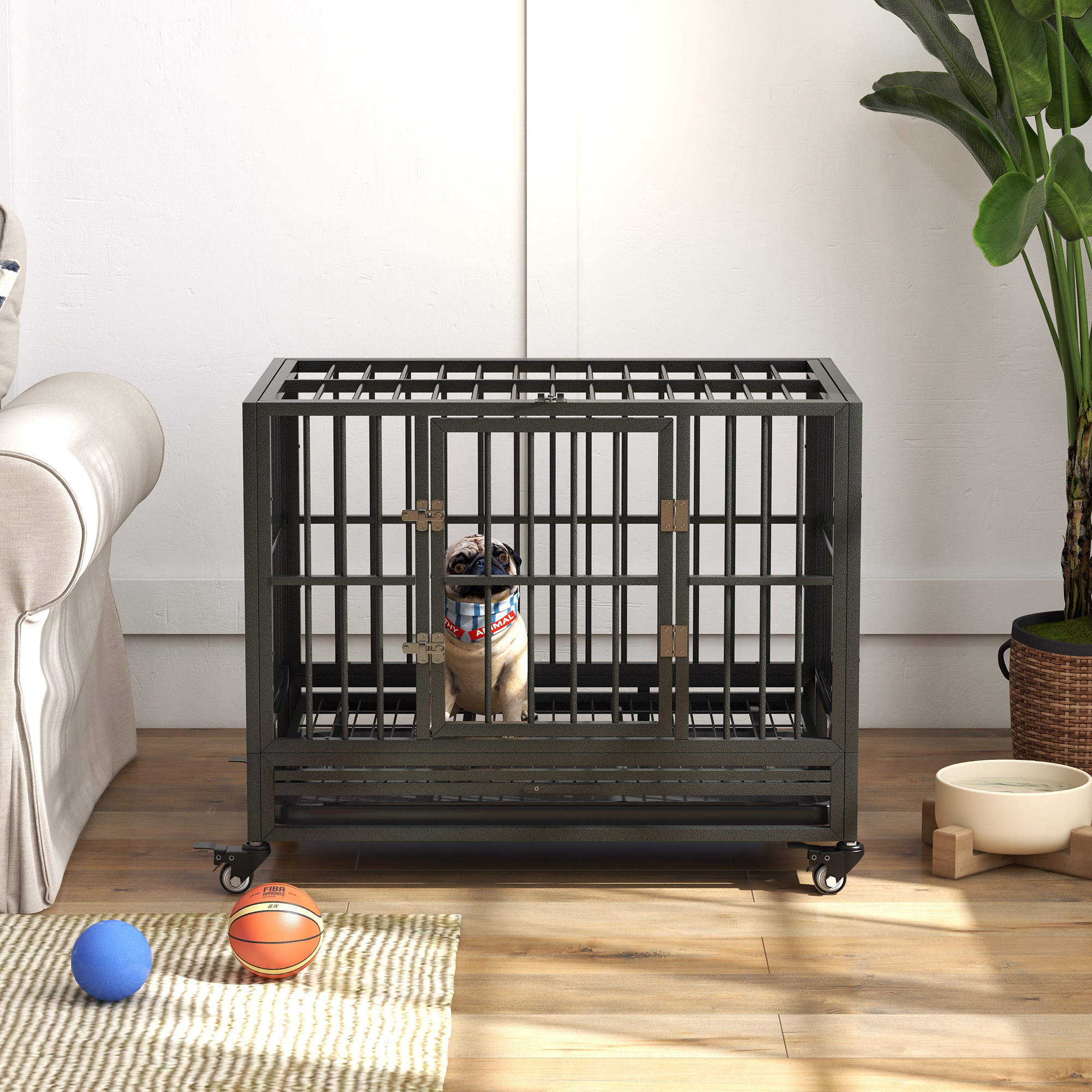 Jaula para Perro de 36" Ultra Resistente de Metal con Ruedas con Freno, Doble Puerta y Bandeja Extraíble, Gris — imagen 5
