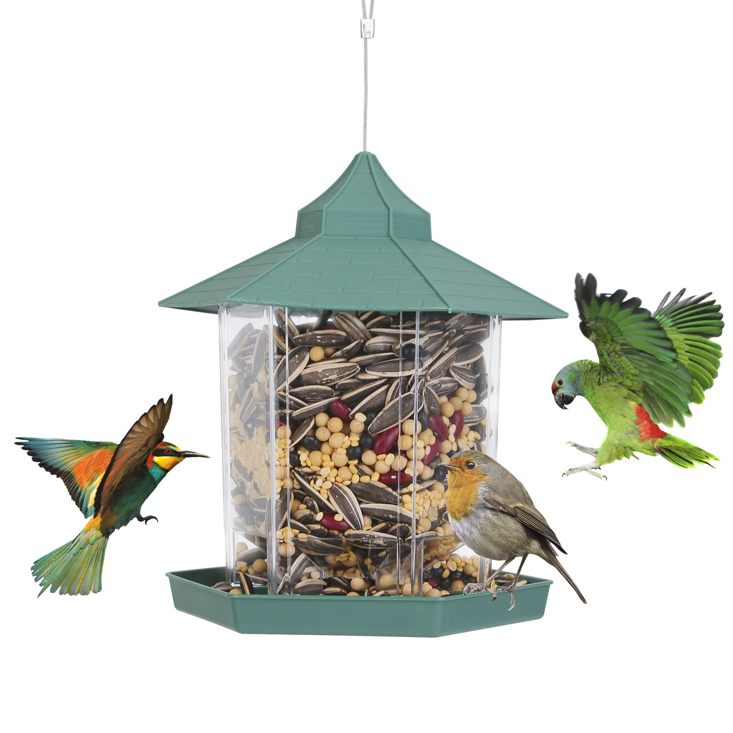 Gazebo para pájaros suspendido con capacidad de alimento amplia, 6 entradas para alimentar y fácil relleno — imagen 6