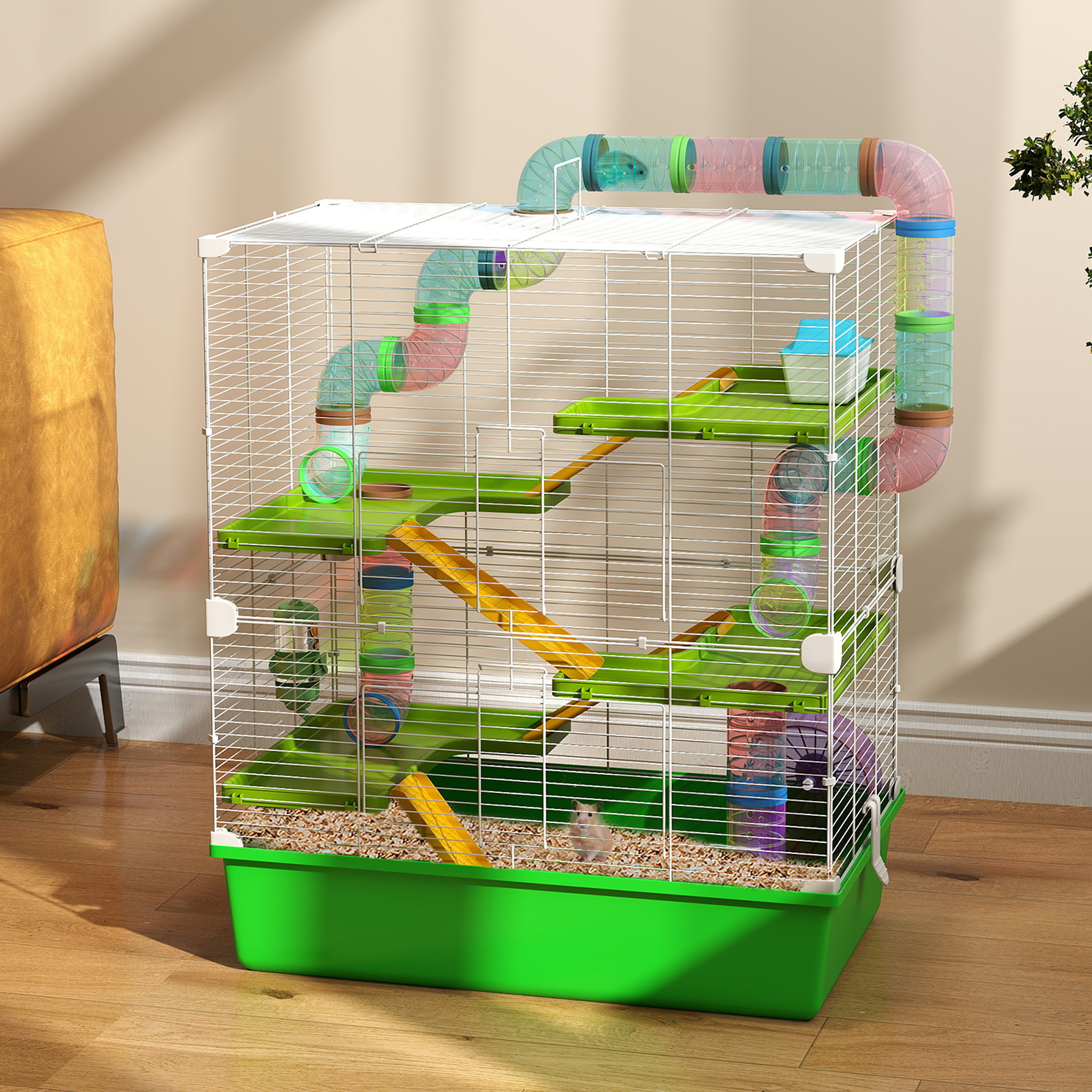 Caja para Hámsters de 5 Niveles de 23" con Rueda y Botella de Agua, Verde — imagen 1