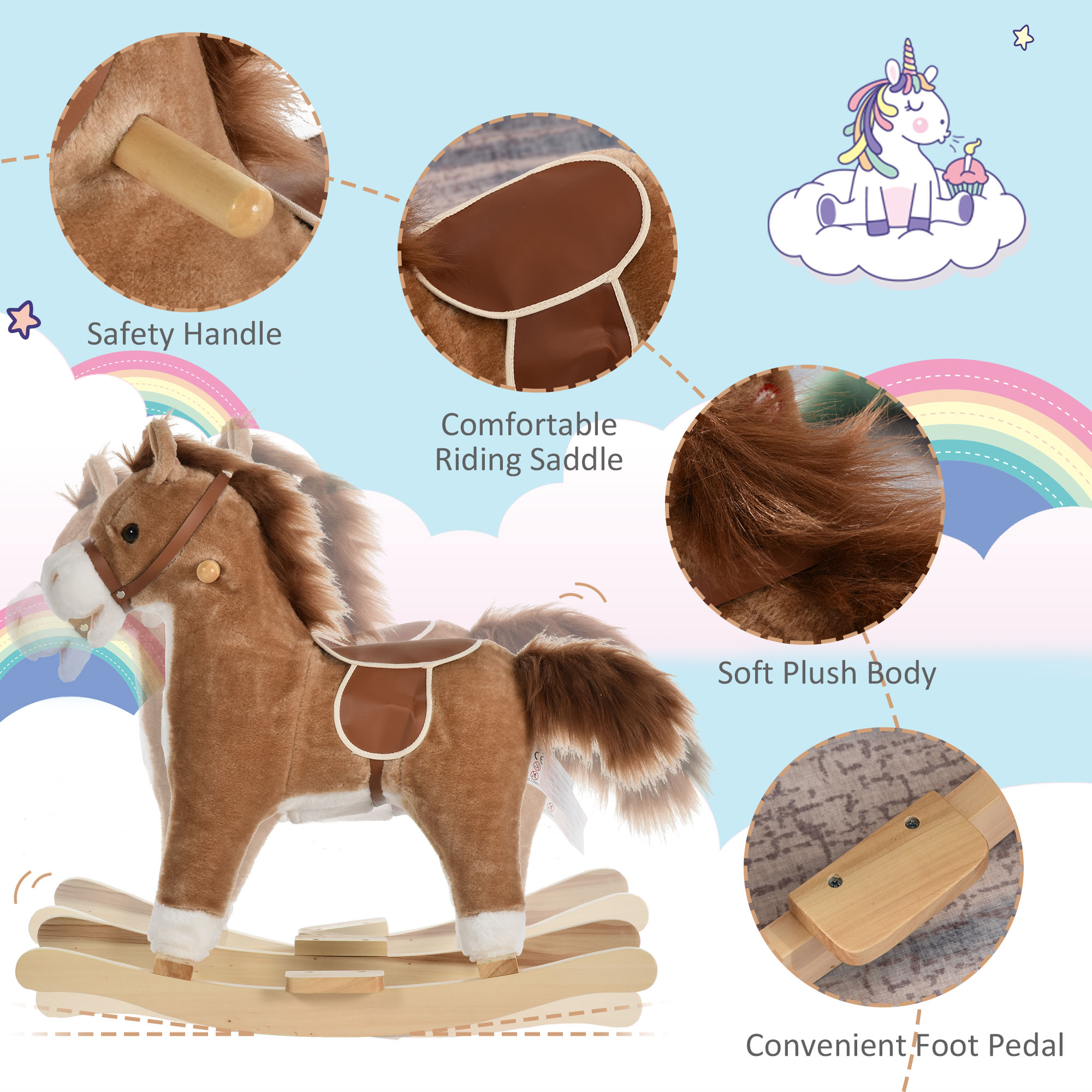 Caballo de Madera con Sonidos y Movimientos, Silla de Paseo para Niños con Boca que Se Mueve y Cola que Se Balancea, Marrón — imagen 2