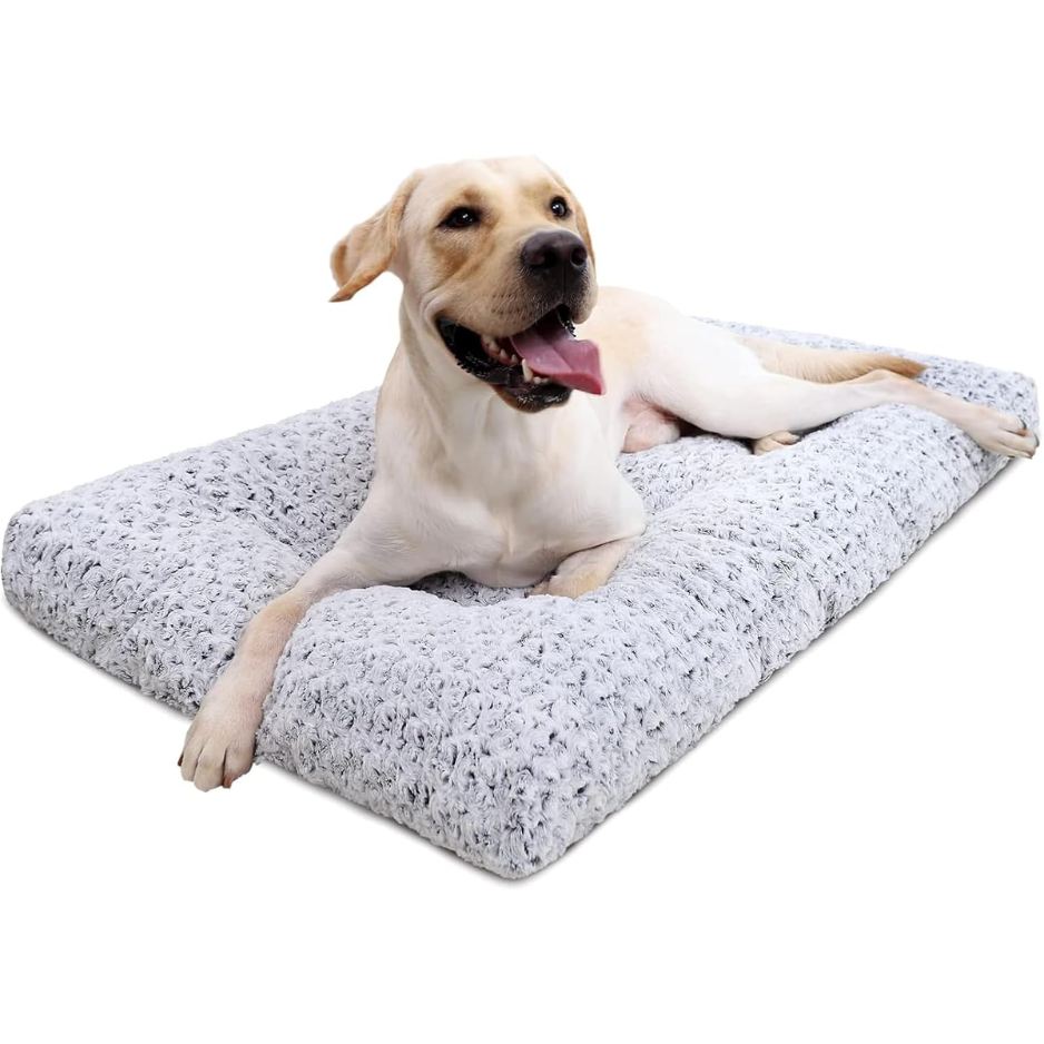 Gray Plush Dog Crate Bed, Washable Pet Mat — image 1