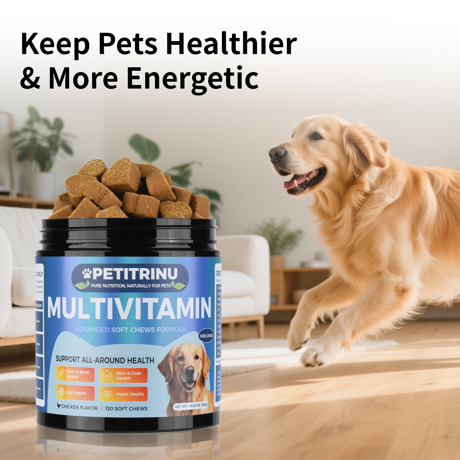 Suplementos para Perros PETITRINU - Bocadillos Suaves de Pollo, 120 Unidades, Apoyo para Articulaciones y Huesos, Piel y Pelaje, Intestinos, Corazón: Salud Integral para Canes — imagen 3