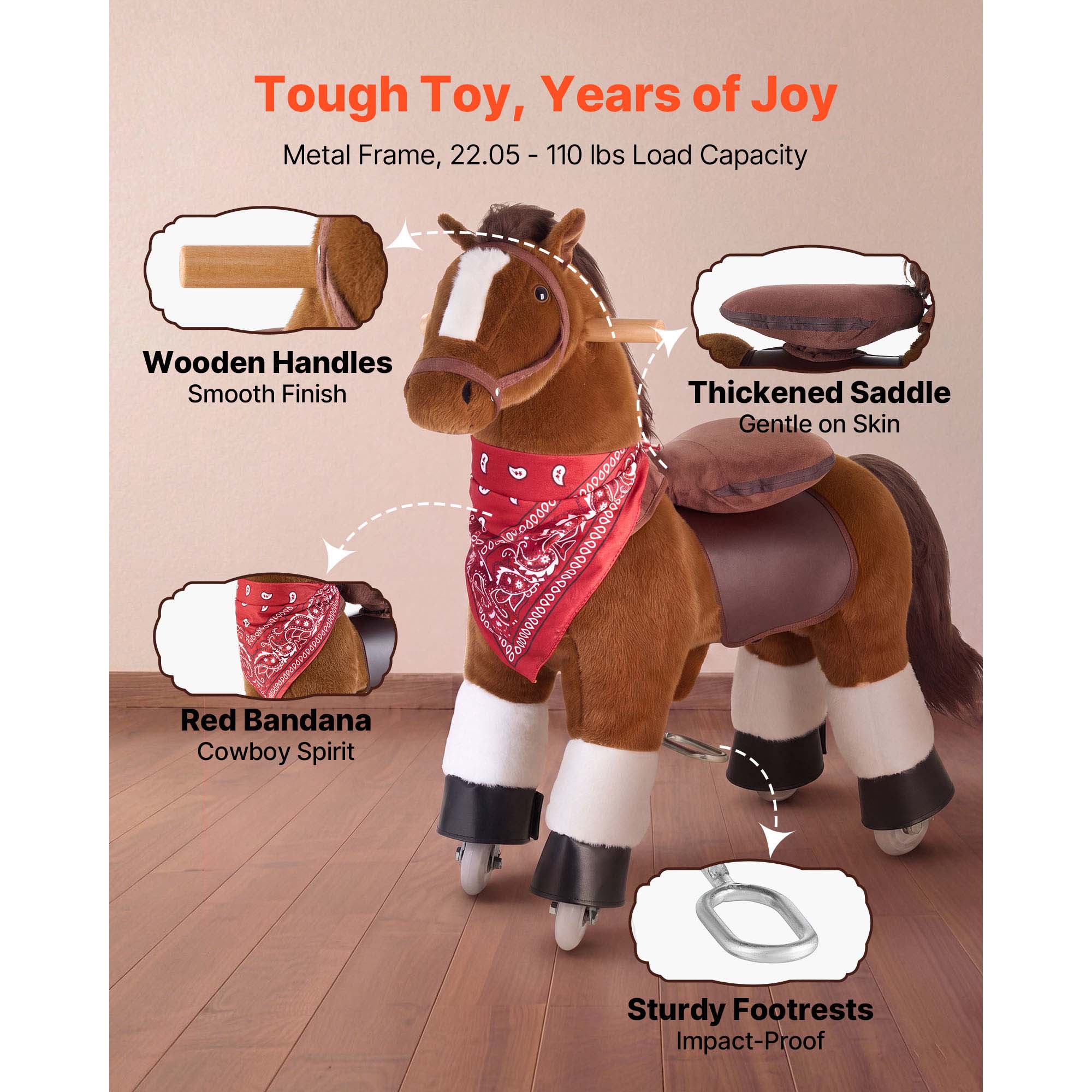 Caballo de Montar para Niños, Juguetes de Equitación sin Batería, Ruedas Suaves con Anillo de Parada Anti-Rollo, Asiento Elevado Actualizado, Manijas, Pedales, Capacidad Máxima 110 lbs para Edades 3-8 — imagen 5