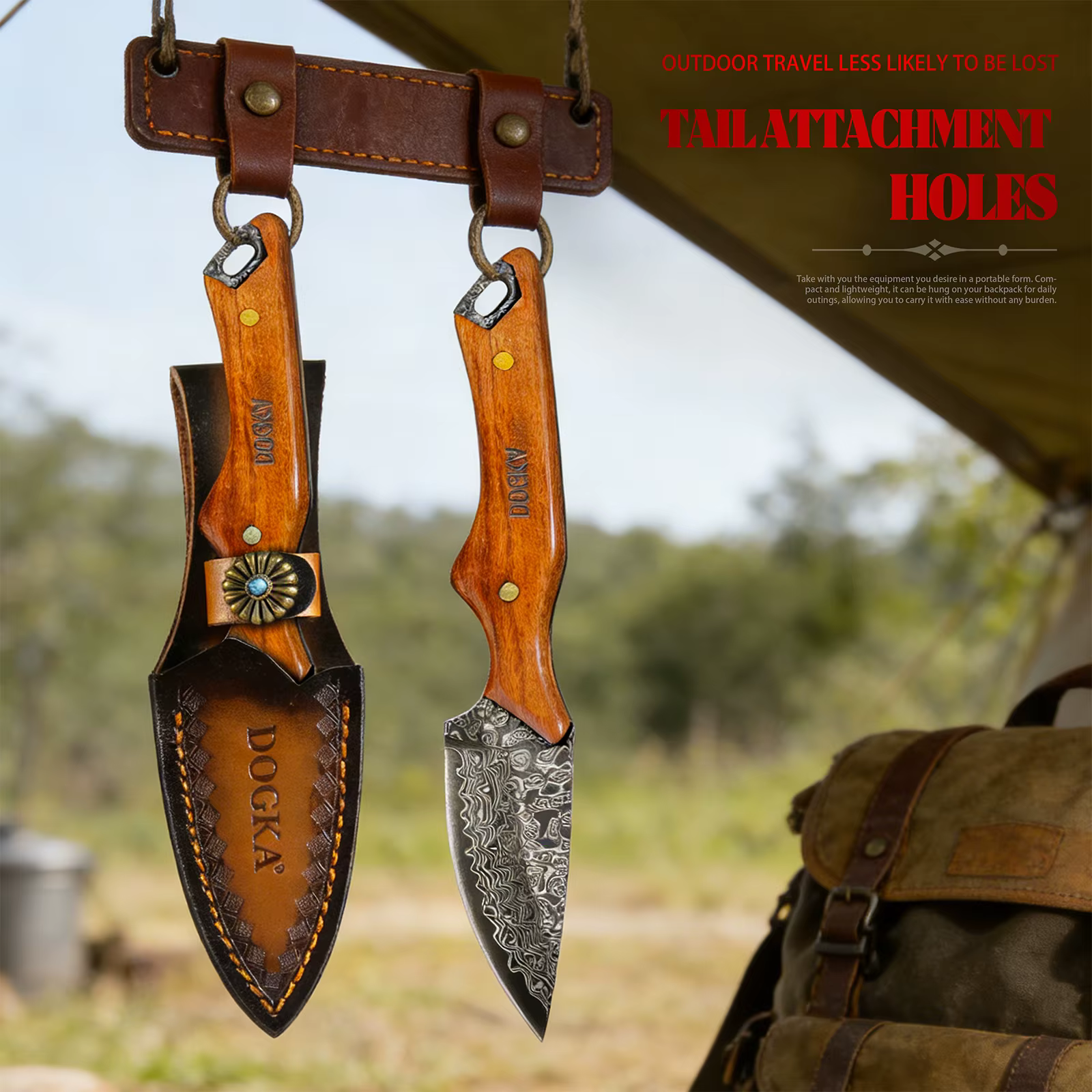 Handmade Damascus Hunting Knife, Full Tang Fixed Blade Camping Knife with Leather Sheath — image 6