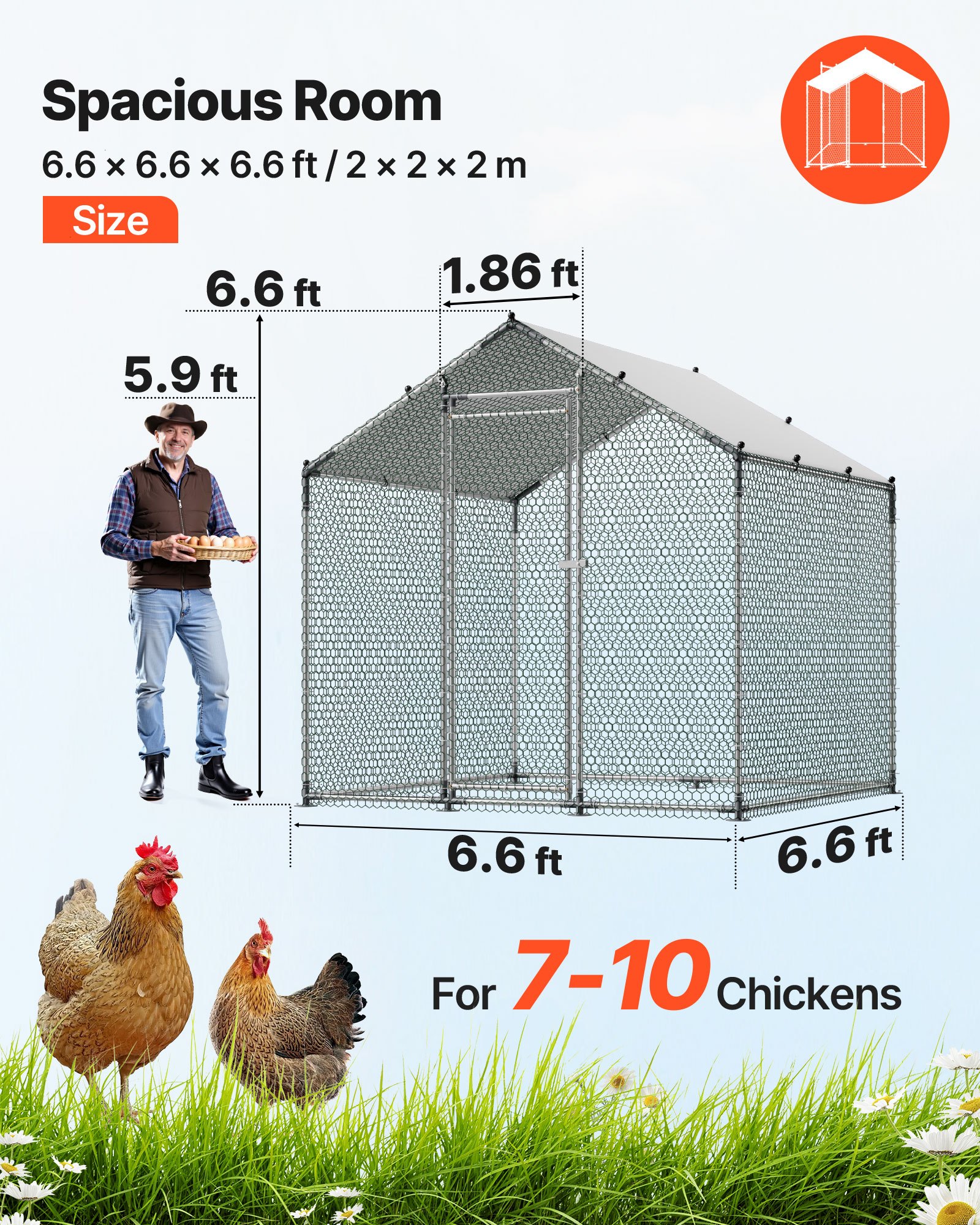 Cubo de Gallinas Metálico Grande 6.56x6.56x6.56 pies con Techo y Puerta de Acceso Segura para Pollos, Pájaros y Conejos en Patio, Granja o Jardín — imagen 5