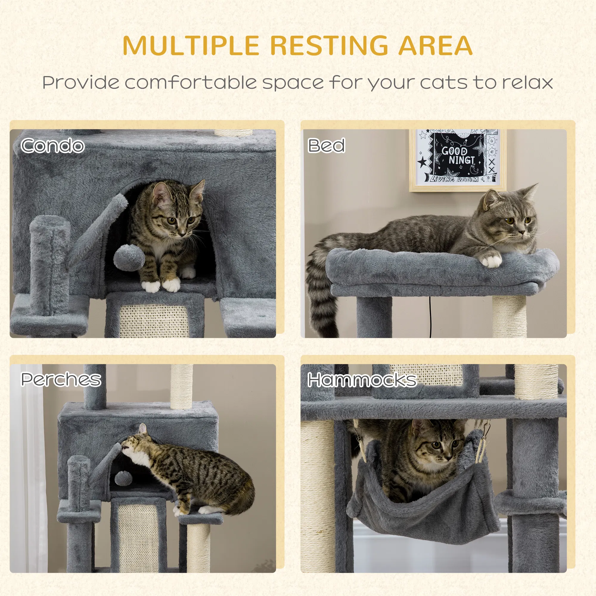 55" Cat Tree for Indoor Cats, Cat Tower, Kitty Activity Center with Cat Bed Ramp Condo Hammocks Hanging Ball Toys Sisal Rope Scratching Post, Grey — image 4