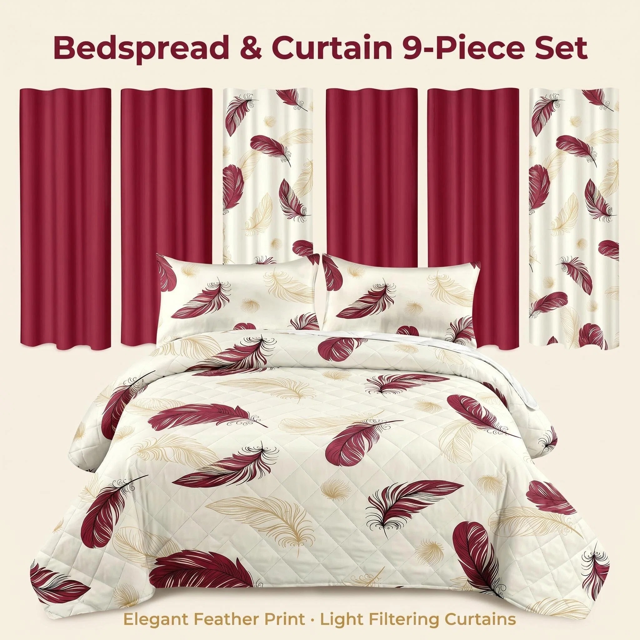 9 Piece Room In A Bag Quilt And Curtain Set, US Designer Burgundy Gold Boho Feather Print Heavyweight Bedspread With 6 Customizable Window Panels, Pet-Friendly High GSM Coverlet — image 7