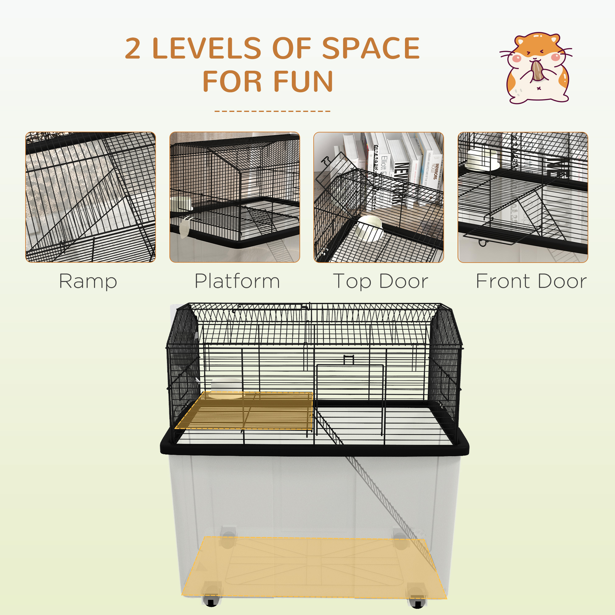 22" 2-Tier Hamster Cage With Extra-Deep 14" Base, Small Animal Cage With Ramp, Water Bottle, Food Dish, Wheels, Black — image 2