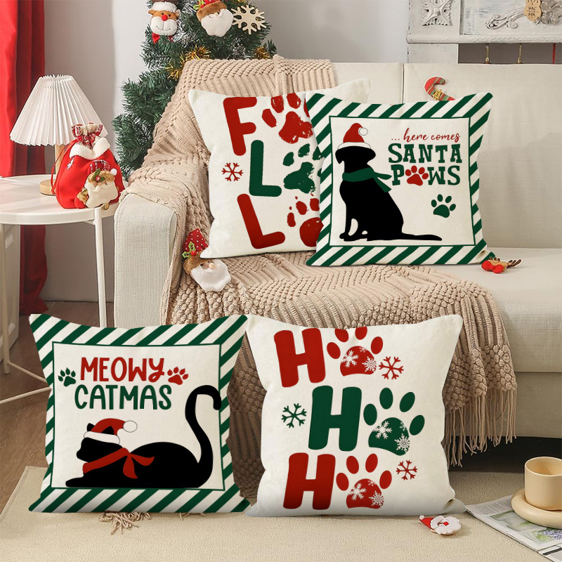 Christmas striped pillow cover linen black cat print pillowcase home holiday decoration cushion cover — image 3