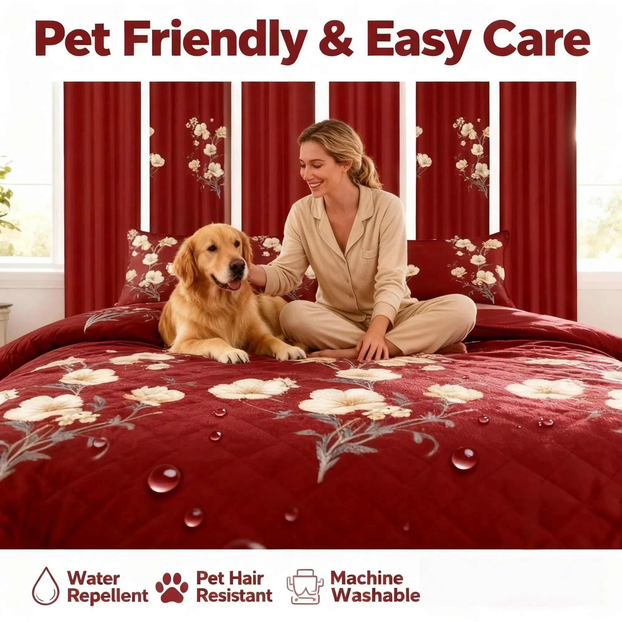 9-Piece Burgundy Red Floral Bedding & Curtain Combo Set, Elegant Wine Red Quilted Bedspread with 6 Light Filtering Window Panels & 2 Shams, Easy Care Microfiber Coverlet, Pet Friendly — image 15