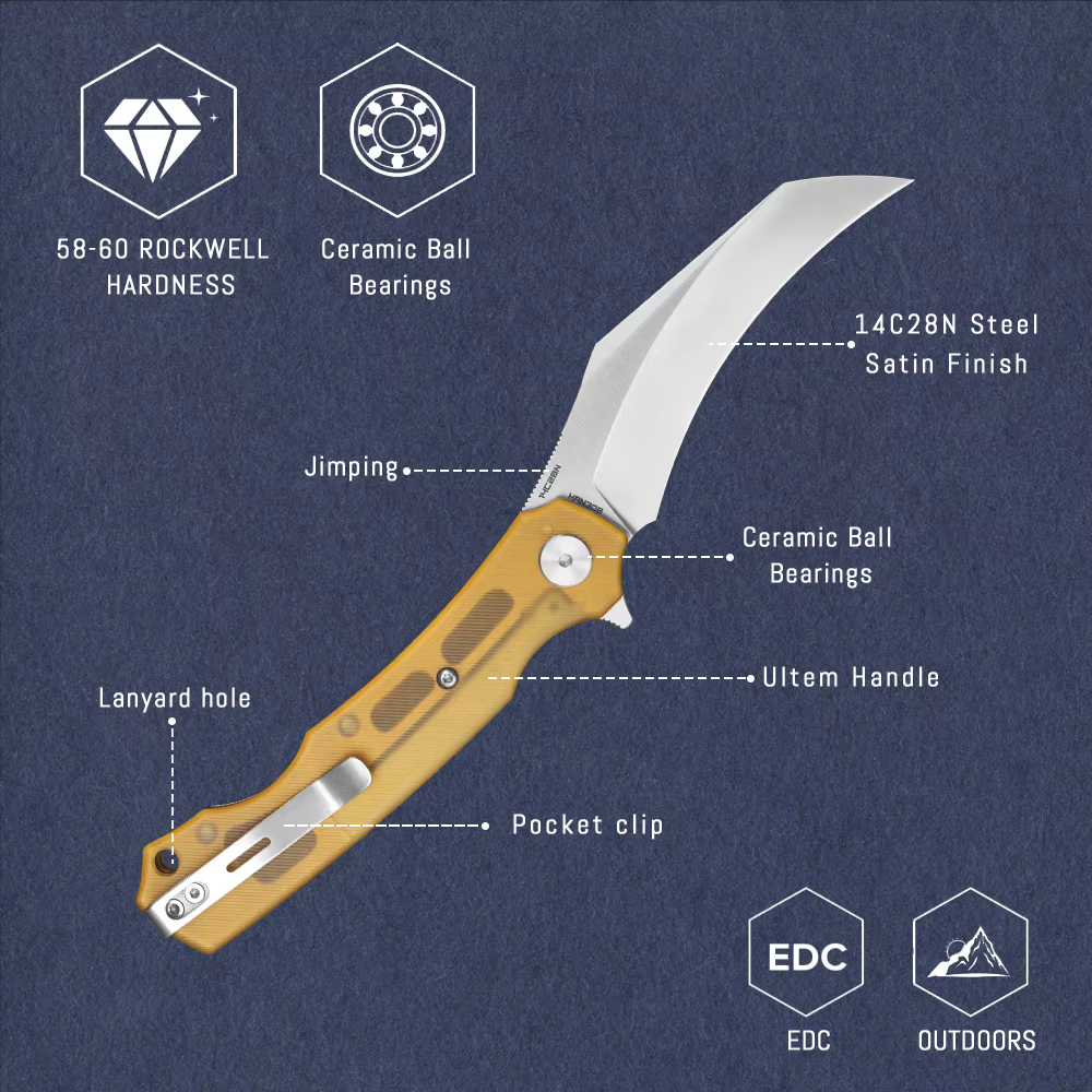 Shooziz-HAN308, Pikal Pocket EDC Knife for Men, Hawkbill Folding Knife & Ultem/G10 Handle，3.15"14C28N Steel Flipper Blade — image 3
