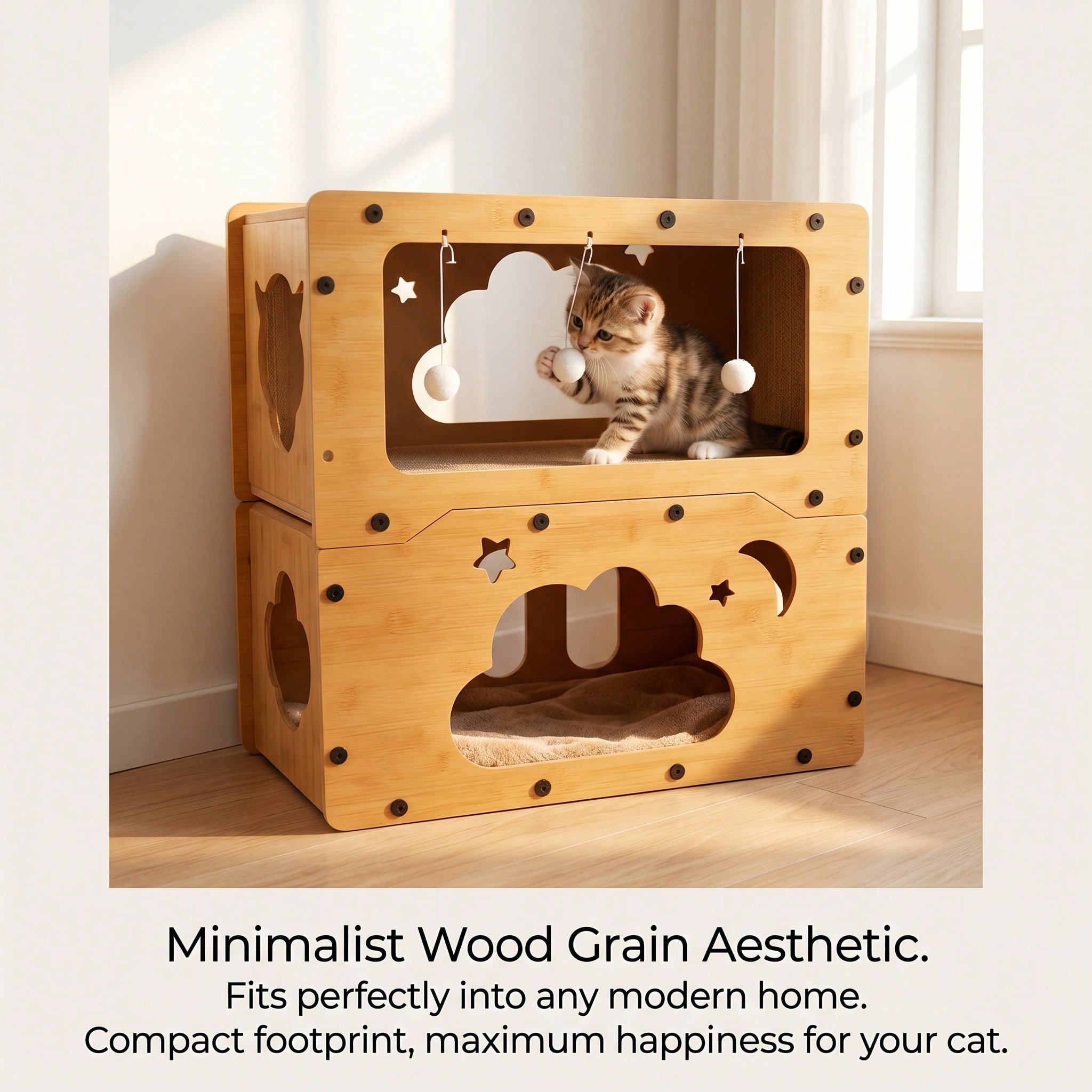 Casa Rascador para Gatos de Doble Capa en 2 Estilos, Nido Multifuncional de Cartón Corrugado, Villa Espaciosa, Cama Cueva para Gatos con Juguete de Bola Colgante, Resistente al Desgaste, Casa para Gatos de Interior para Afilar Uñas — imagen 8
