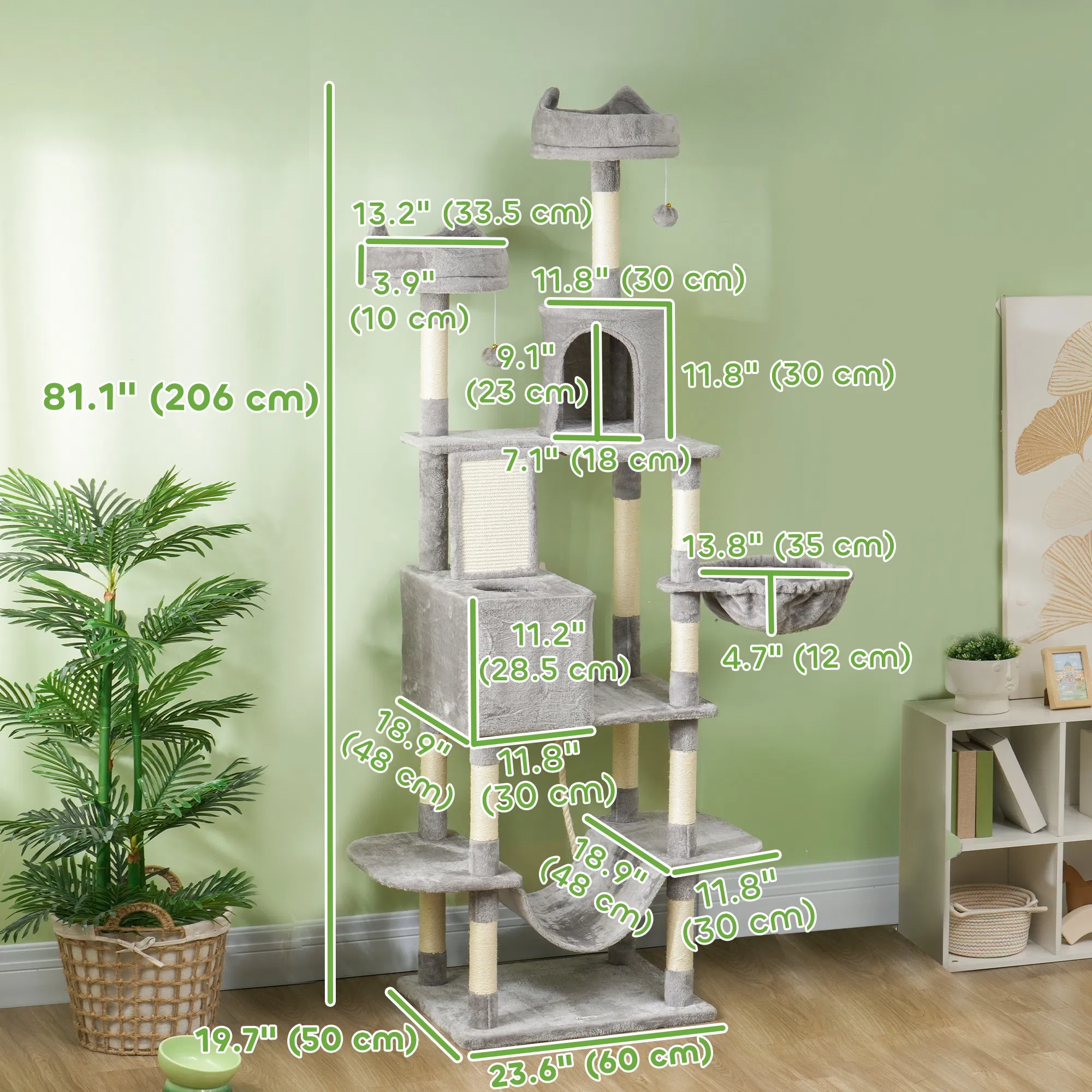 81" Large Cat Tree w/ Scratching Posts, Condos, Beds, Hammocks, Jumping Platforms, Toy Balls, Rope Cat Toy, Light Grey — image 2