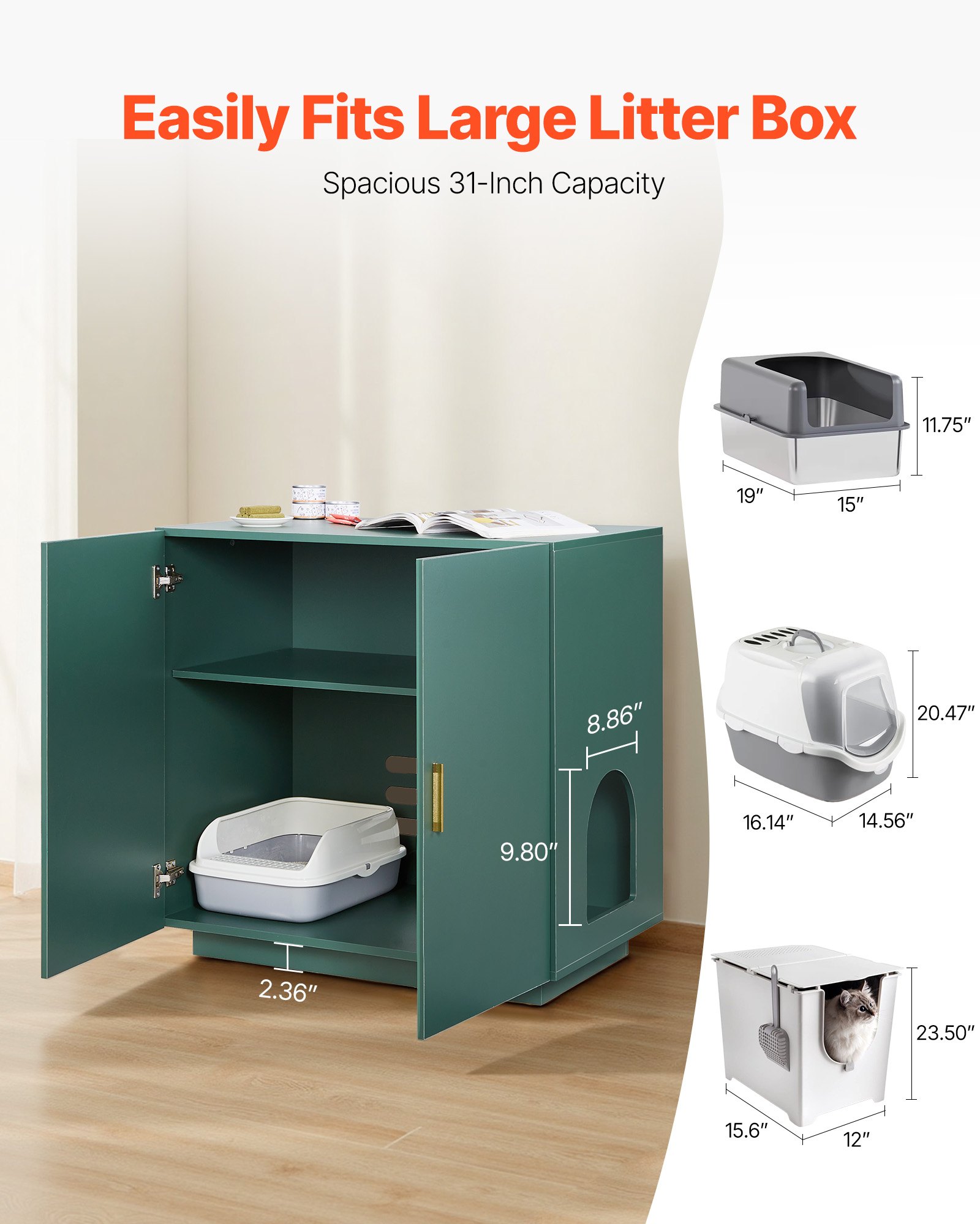 Caja de Limpieza para Gatos, 81 cm Enclosed Caja de Arena Oculta con Madera, Casa de Gato Interior con Hendiduras Ventiladas, Puertas Dobles y Mesa de Servicio para la Mayoría de Cajas de Arena — imagen 2