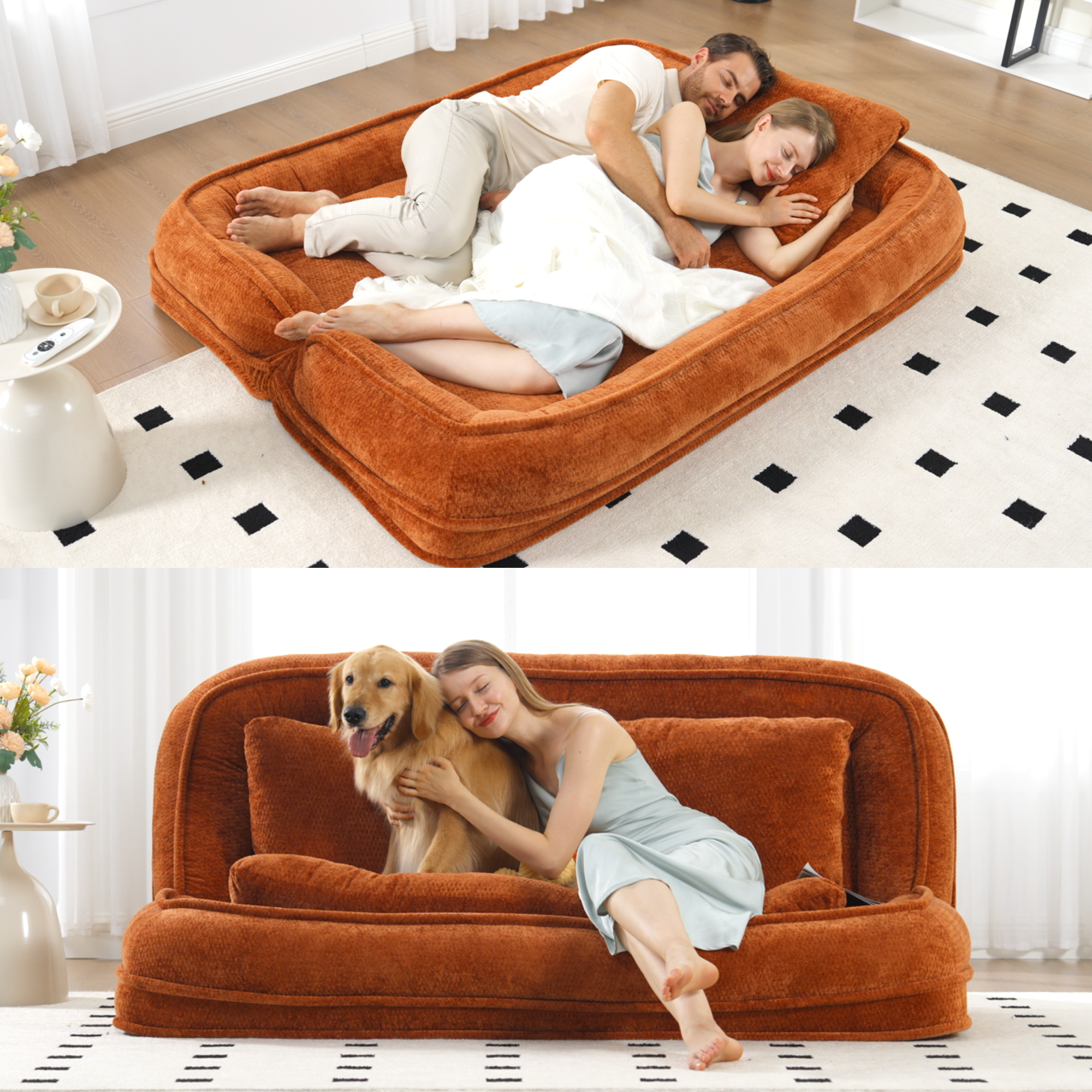 Silla de descanso doble para perros, Sofá relajante, Silla de amor, Adecuada para ti y tus mascotas, Couch de piso extra grande, Puedes sentarte o acostarte, 2 en 1, 5 posiciones ajustables, Almohada rellena, 2 asientos, Chenille naranja — imagen 14