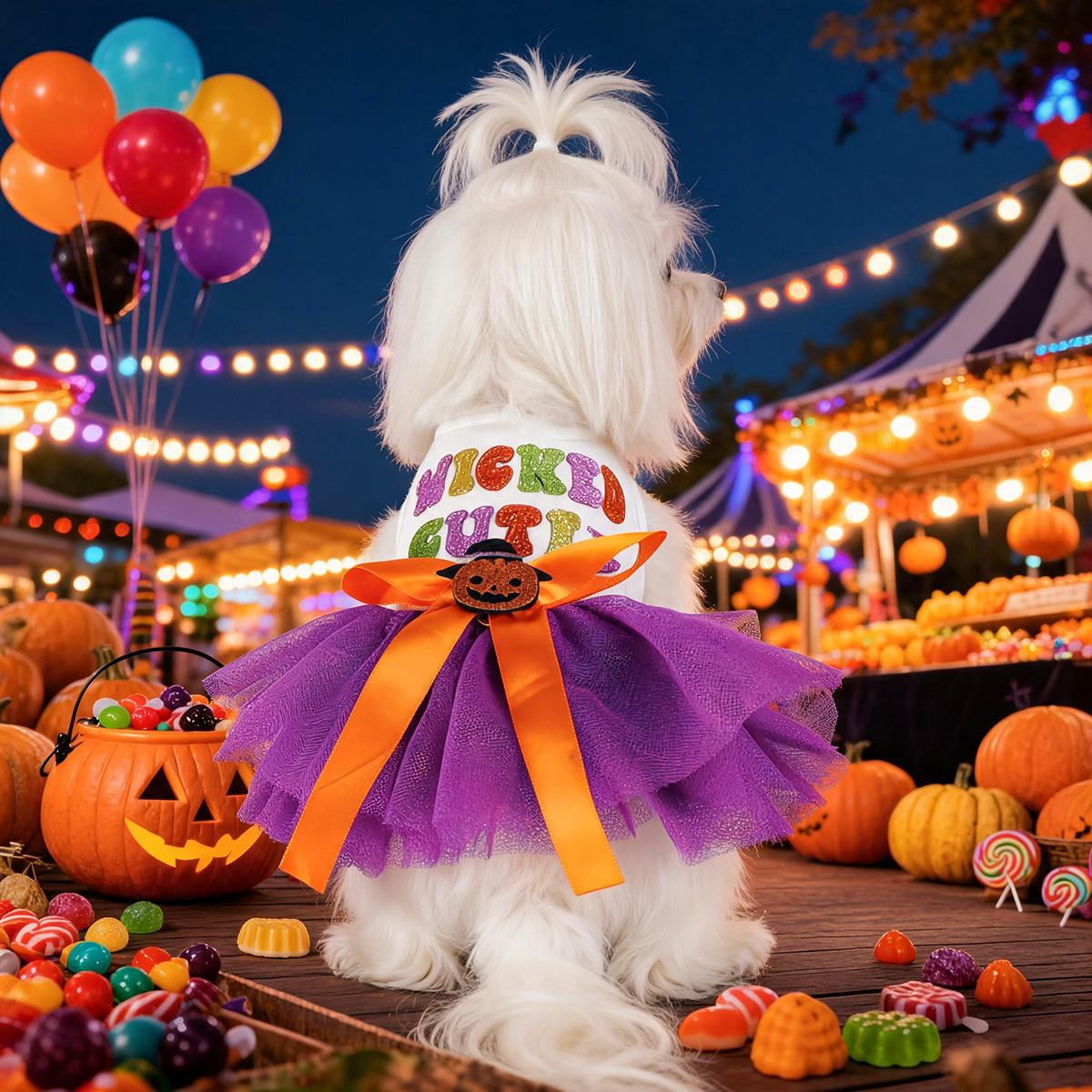 Purple Mesh Pumpkin Witch Pet Halloween Dress with Colorful Sequin Letters Dog Princess Dress Pet Party Costume — image 3