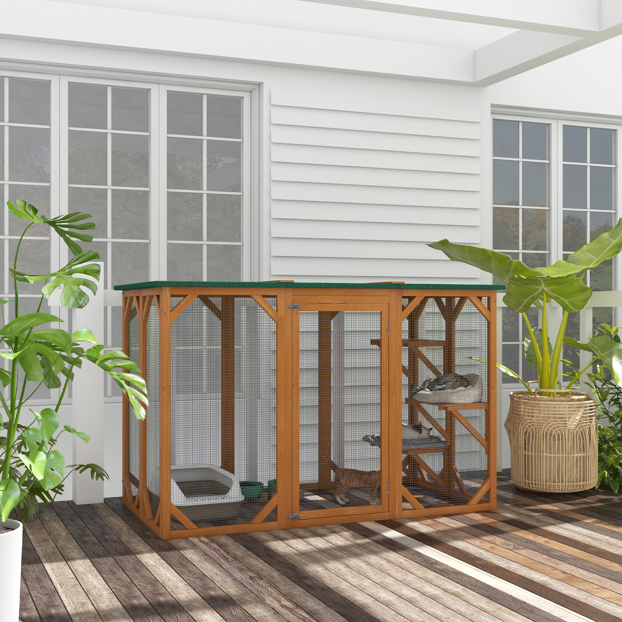 Casa de Perro al Aire Libre, Catio para Gatos Ferales en Madera, Refugio para Gatos con Plataformas, Gran Puerta de Entrada, Protección Climática y Techo de Asfalto, 71" L, Naranja — imagen 1
