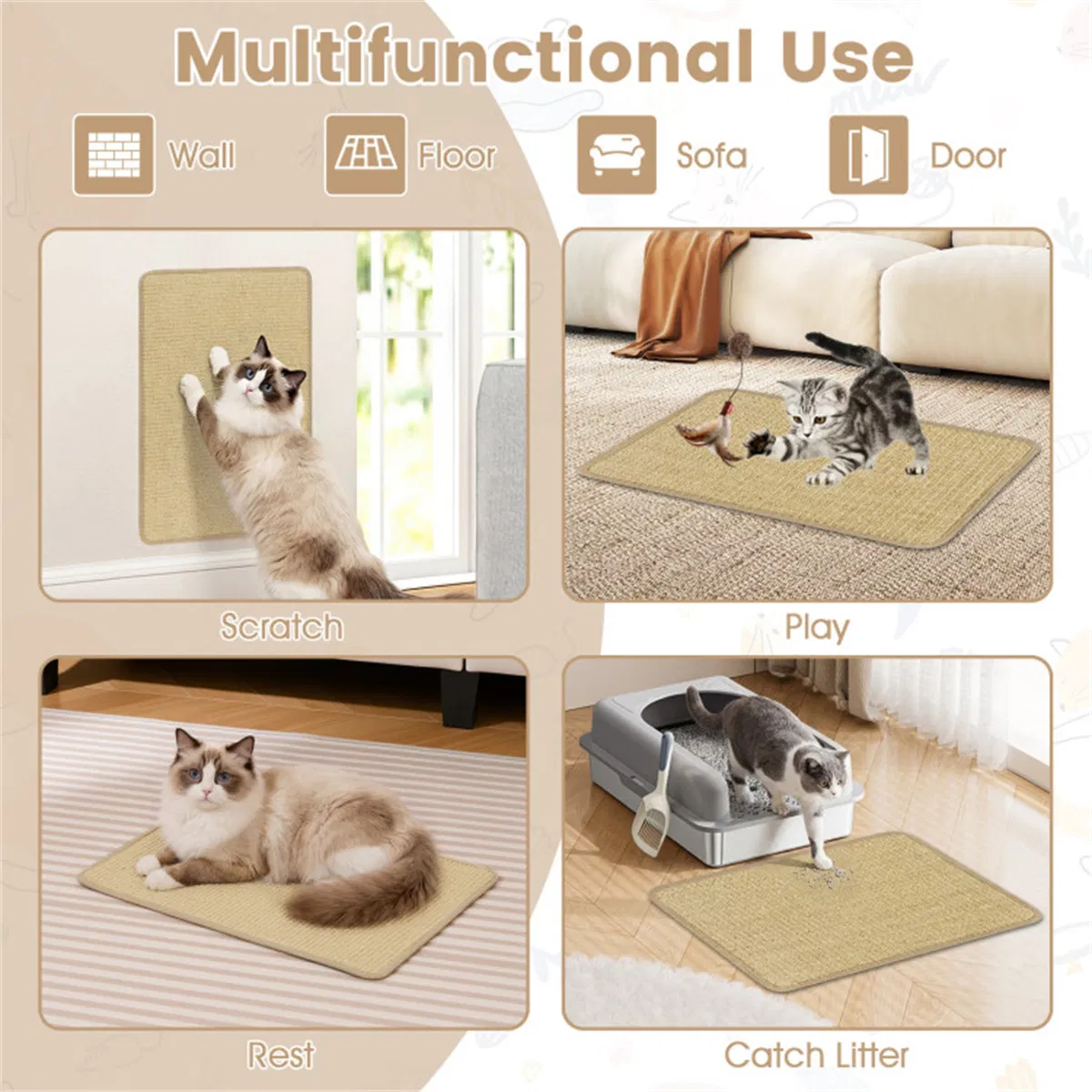 Natural 6-Piece Cat Scratching Mats, Sisal Material Anti-Slip Latex Backing Furniture Protector — image 6