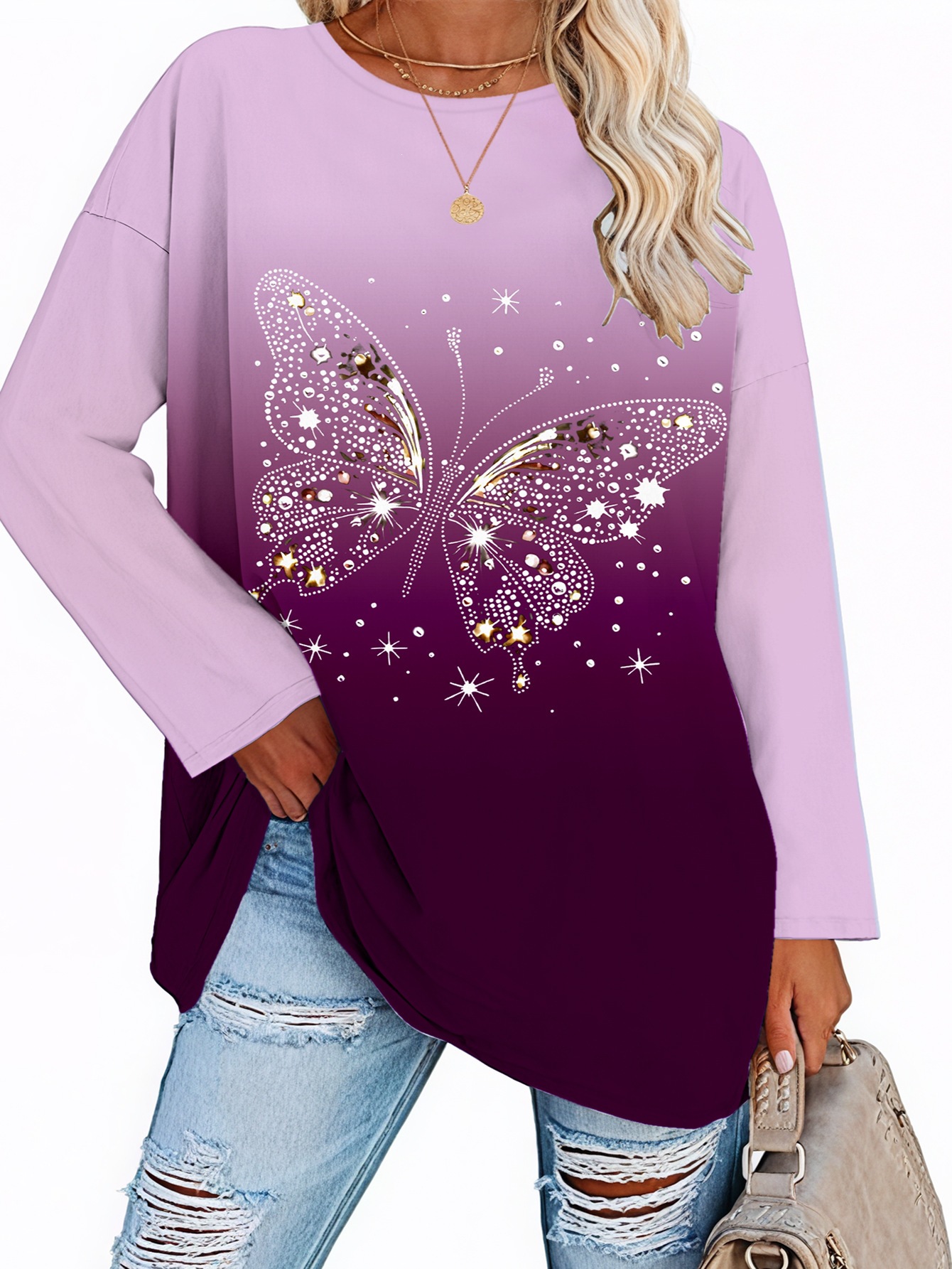 Elegant Butterfly Print Round Neck T-Shirt for WomenWinter Casual Comfortable Style — image 9